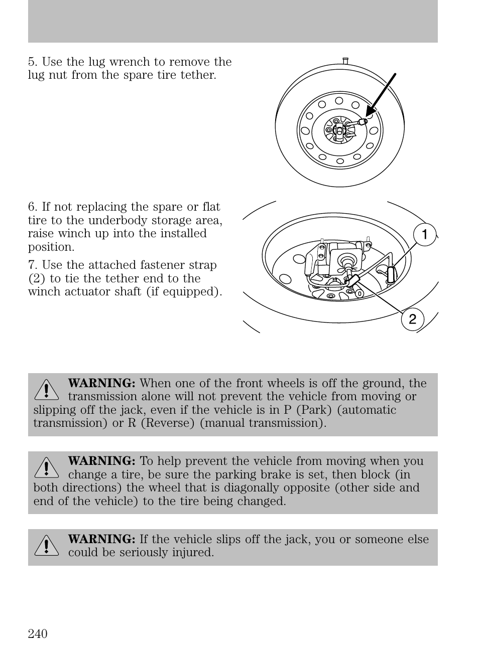 Tire change procedure, Roadside emergencies | FORD 2009 Escape v.1 User Manual | Page 240 / 318