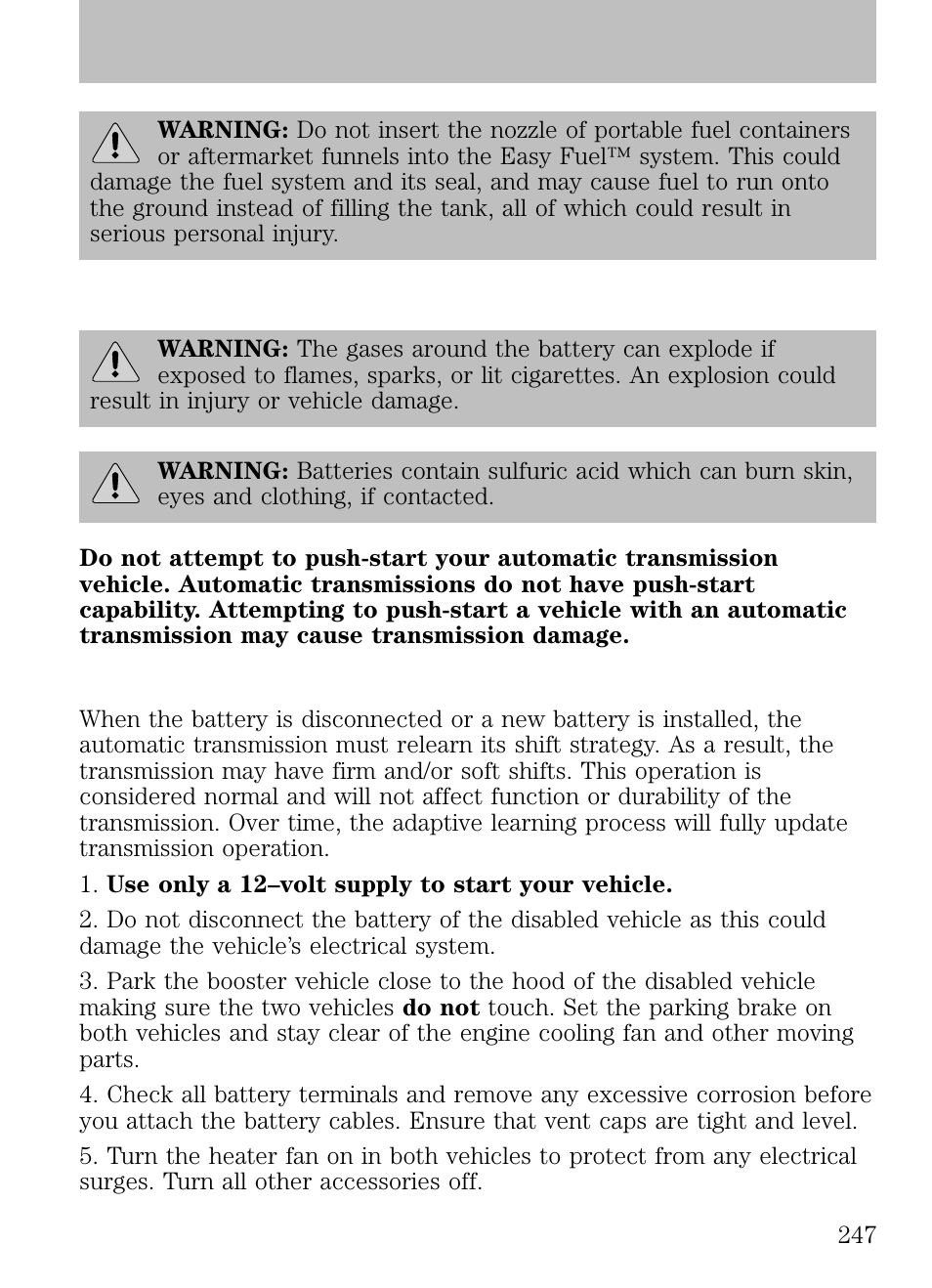 Jump starting, Preparing your vehicle, Roadside emergencies | FORD 2009 Escape v.1 User Manual | Page 247 / 318