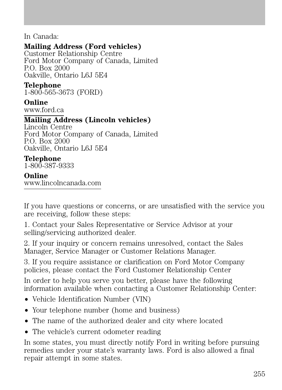 Additional assistance, Customer assistance | FORD 2009 Escape v.1 User Manual | Page 255 / 318