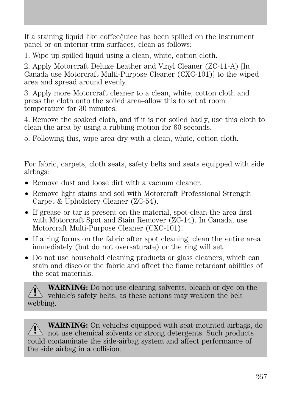 Interior, Cleaning | FORD 2009 Escape v.1 User Manual | Page 267 / 318