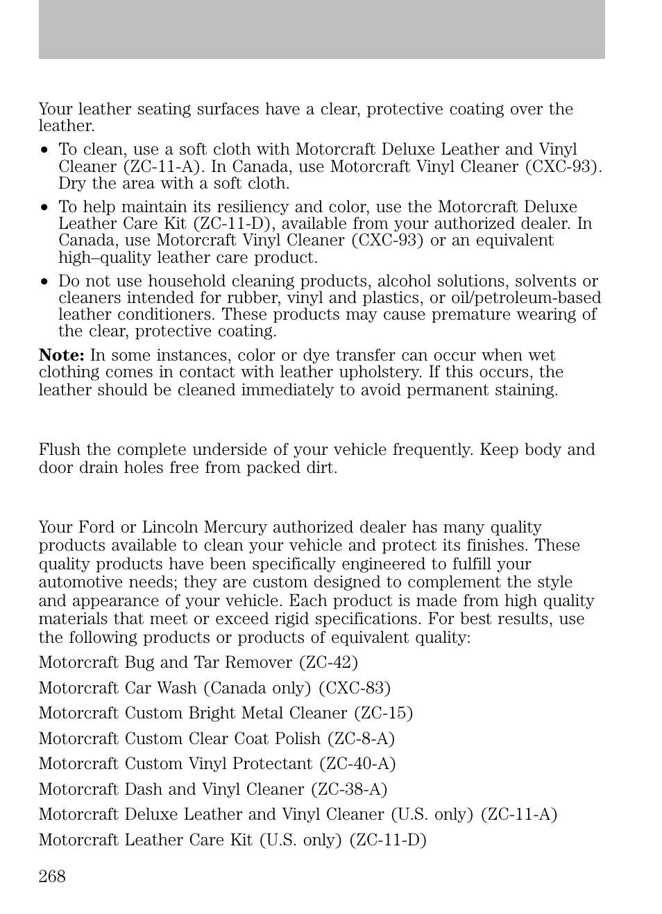 Leather seats (if equipped), Underbody, Ford and lincoln mercury car care products | Cleaning | FORD 2009 Escape v.1 User Manual | Page 268 / 318