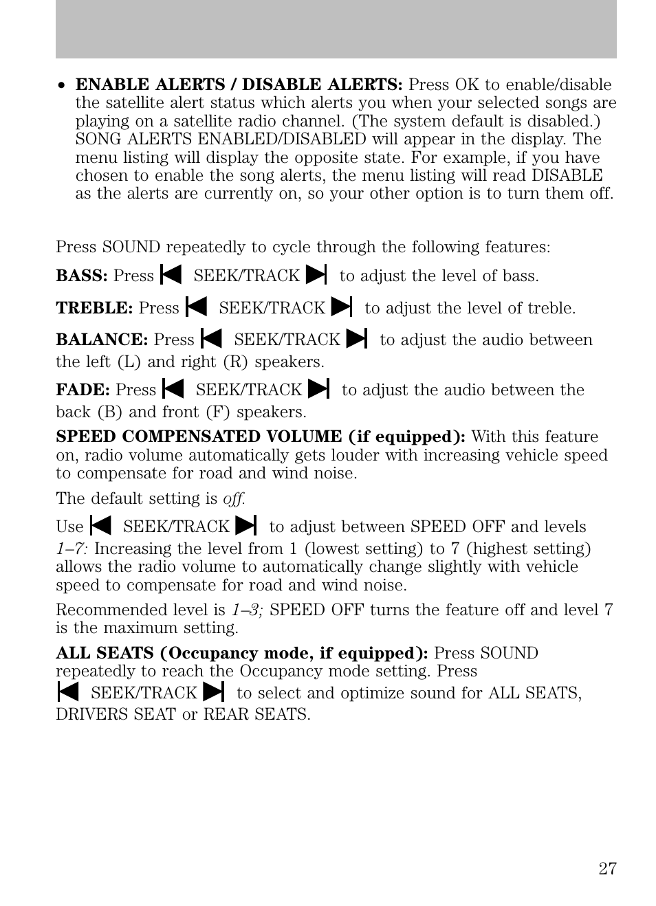 Sound adjustments, Entertainment systems | FORD 2009 Escape v.1 User Manual | Page 27 / 318