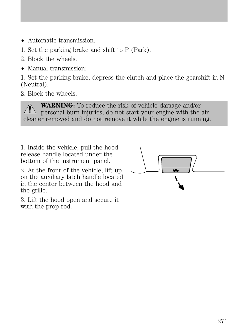 Working with the engine on, Opening the hood, Maintenance and specifications | FORD 2009 Escape v.1 User Manual | Page 271 / 318