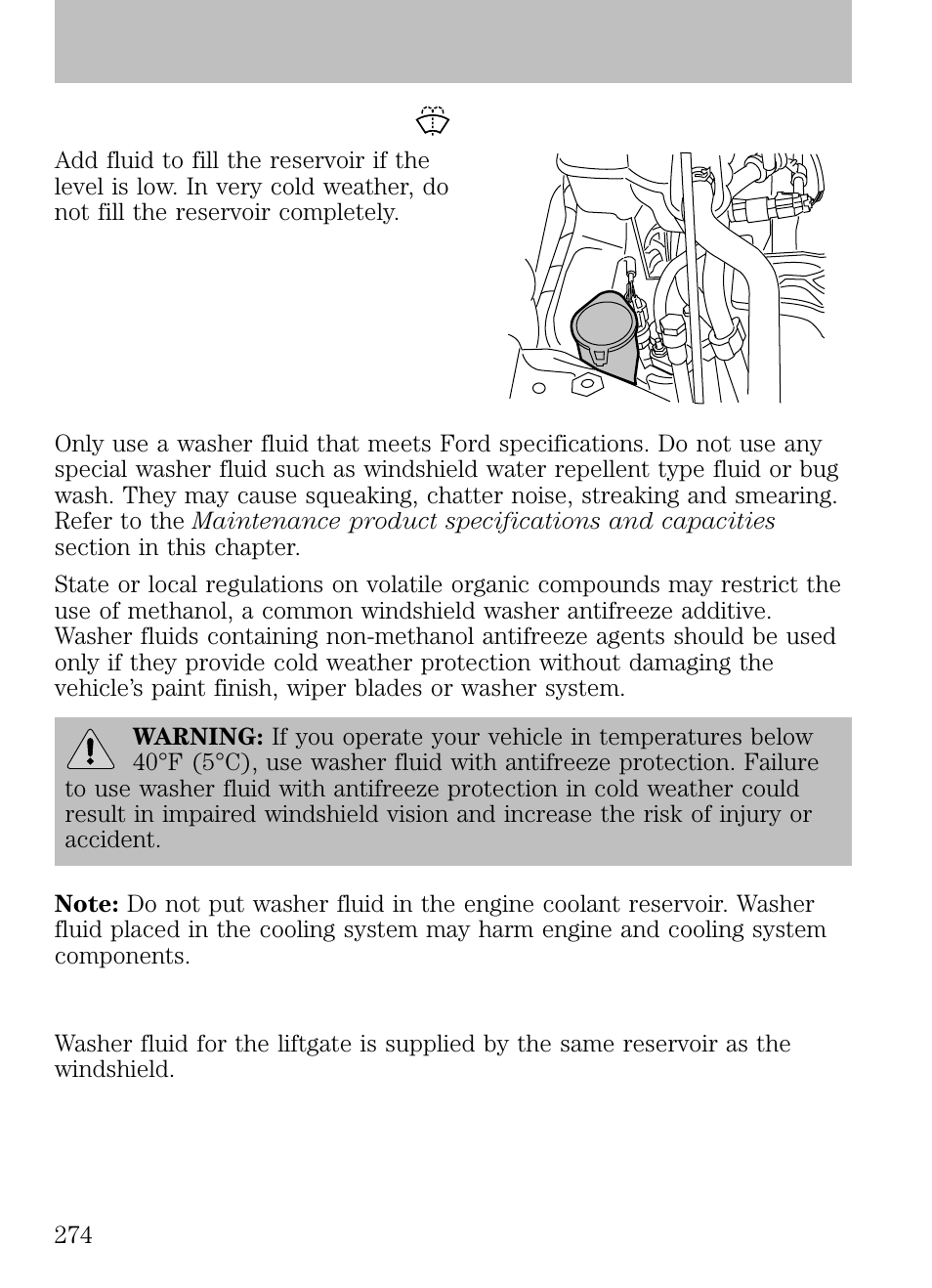 Windshield washer fluid, Checking and adding washer fluid for the liftgate, Maintenance and specifications | FORD 2009 Escape v.1 User Manual | Page 274 / 318
