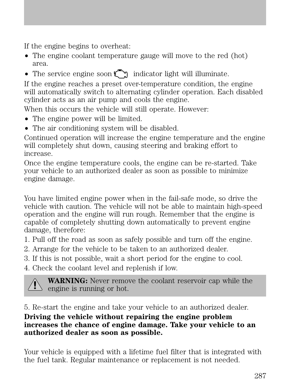 How fail-safe cooling works, When fail-safe mode is activated, Fuel filter | Maintenance and specifications | FORD 2009 Escape v.1 User Manual | Page 287 / 318