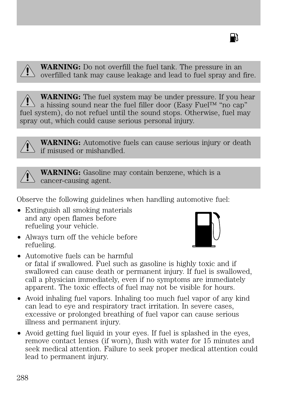 What you should know about automotive fuels, Important safety precautions, Maintenance and specifications | FORD 2009 Escape v.1 User Manual | Page 288 / 318