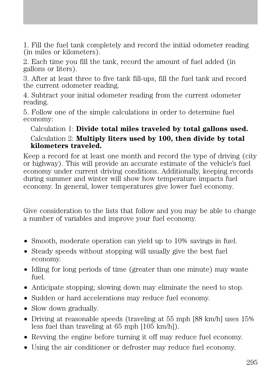 Calculating fuel economy, Habits, Maintenance and specifications | FORD 2009 Escape v.1 User Manual | Page 295 / 318