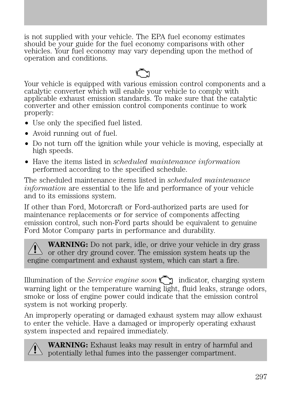 Emission control system, Maintenance and specifications | FORD 2009 Escape v.1 User Manual | Page 297 / 318