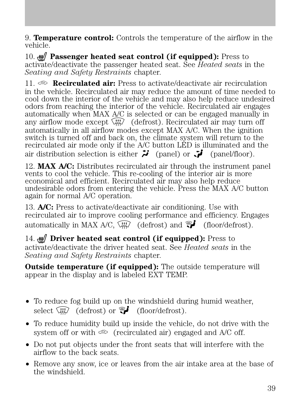 Operating tips, Climate controls | FORD 2009 Escape v.1 User Manual | Page 39 / 318