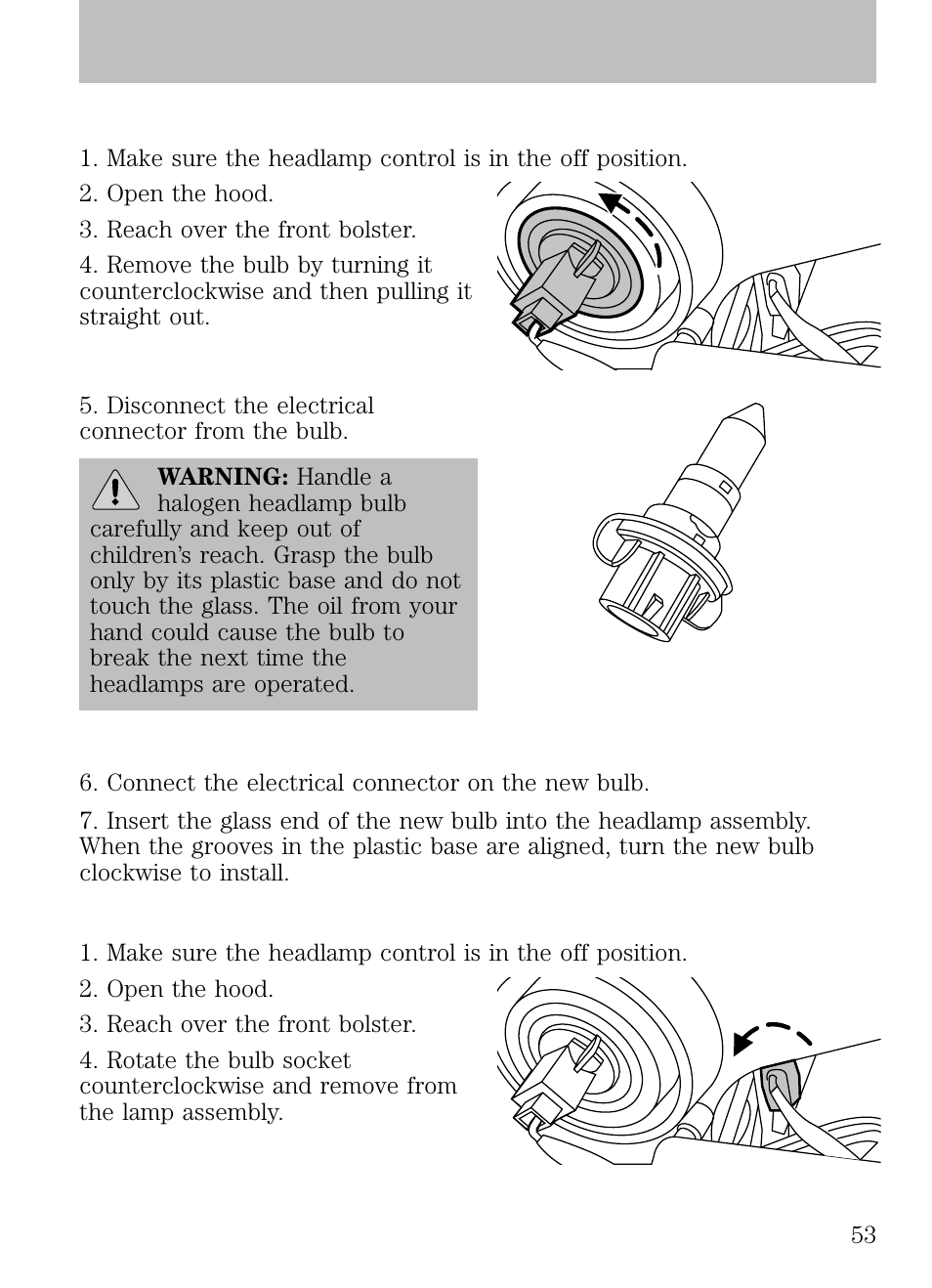 Replacing headlamp bulbs, Replacing front parking lamp/turn signal bulbs, Lights | FORD 2009 Escape v.1 User Manual | Page 53 / 318
