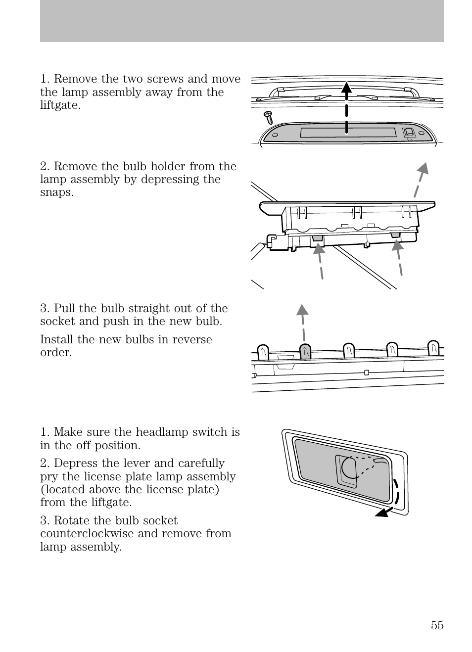 Replacing high-mount brake lamp bulbs, Replacing license plate lamp bulbs, Lights | FORD 2009 Escape v.1 User Manual | Page 55 / 318