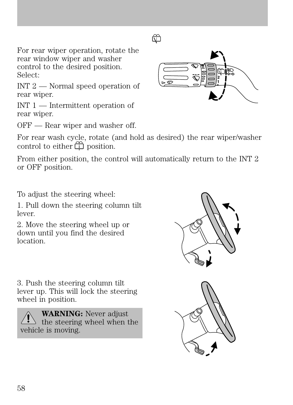 Rear window wiper/washer controls, Tilt steering wheel, Driver controls | FORD 2009 Escape v.1 User Manual | Page 58 / 318