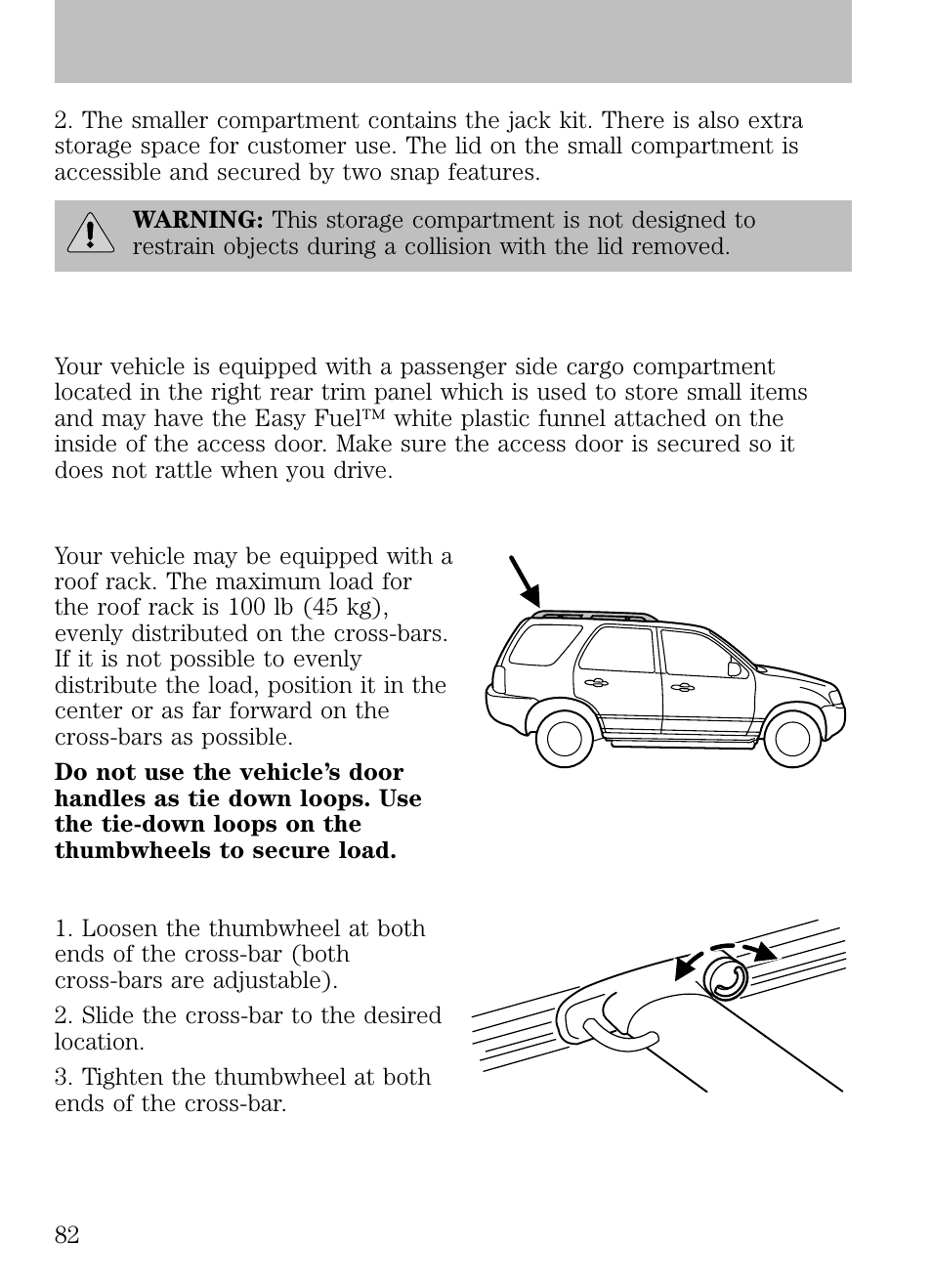 Passenger side cargo compartment, Luggage rack, To adjust the cross-bar (if equipped) position | Driver controls | FORD 2009 Escape v.1 User Manual | Page 82 / 318