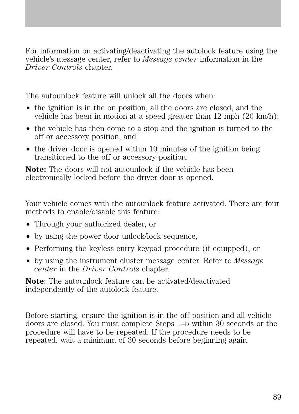 Message center procedure, Autounlock, Deactivating/activating autounlock | Locks and security | FORD 2009 Escape v.1 User Manual | Page 89 / 318