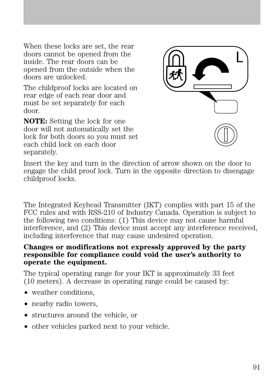 Childproof door locks, Remote entry system (if equipped), Locks and security | FORD 2009 Escape v.1 User Manual | Page 91 / 318