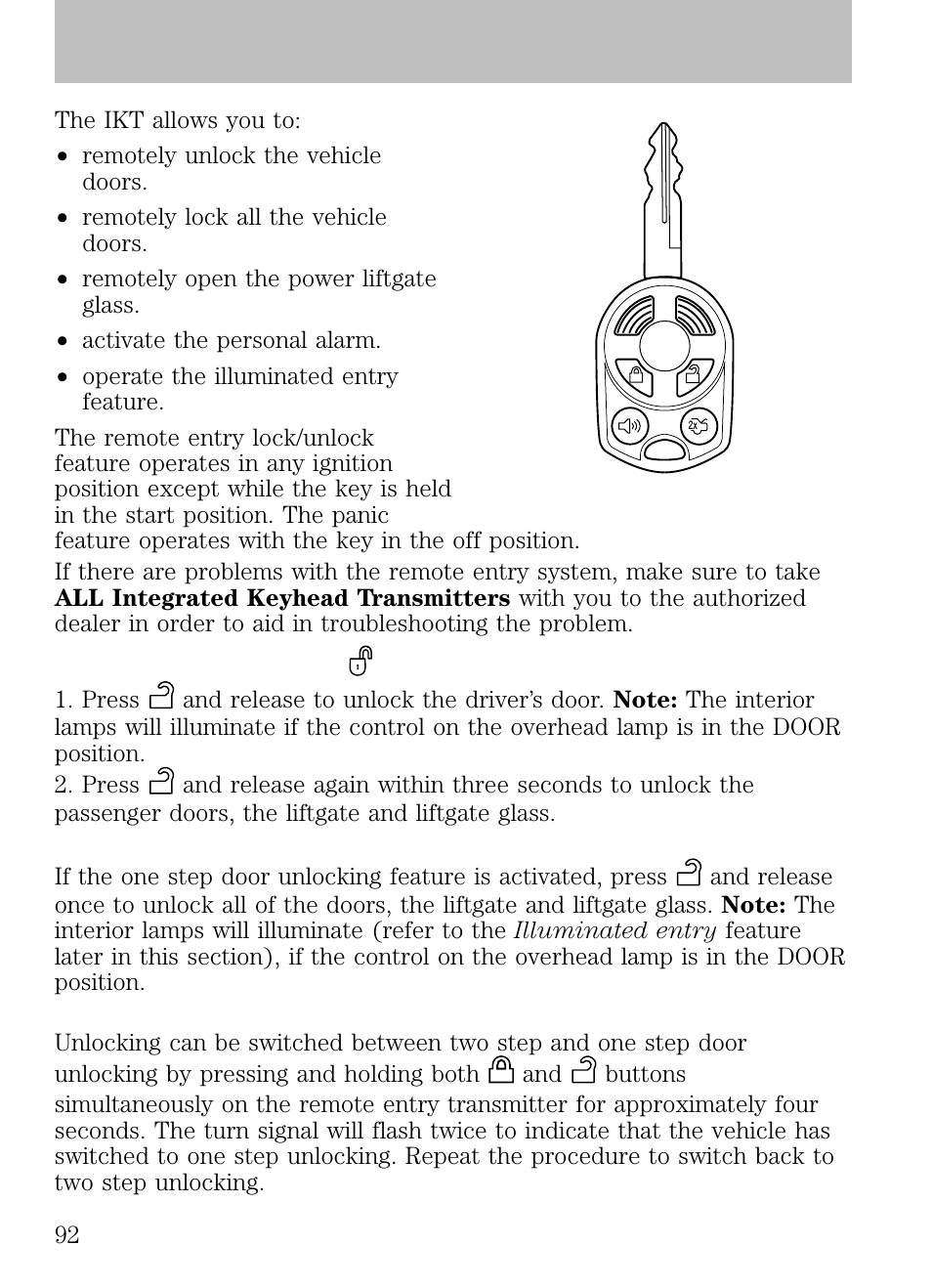 Two step door unlocking, One step door unlocking, Switching from two step to one step door unlocking | Locks and security | FORD 2009 Escape v.1 User Manual | Page 92 / 318