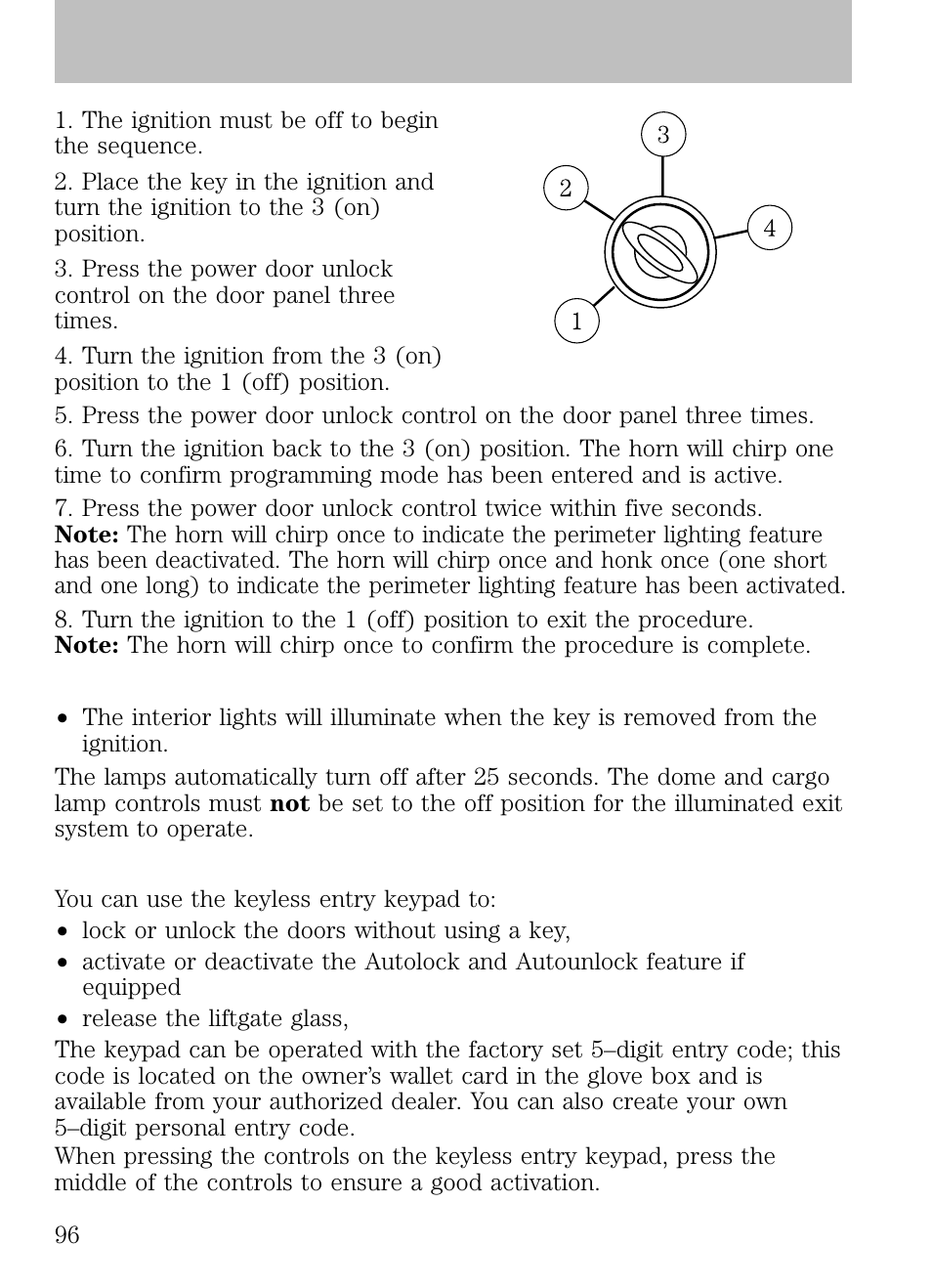 Illuminated exit, Keyless entry system (if equipped), Locks and security | FORD 2009 Escape v.1 User Manual | Page 96 / 318