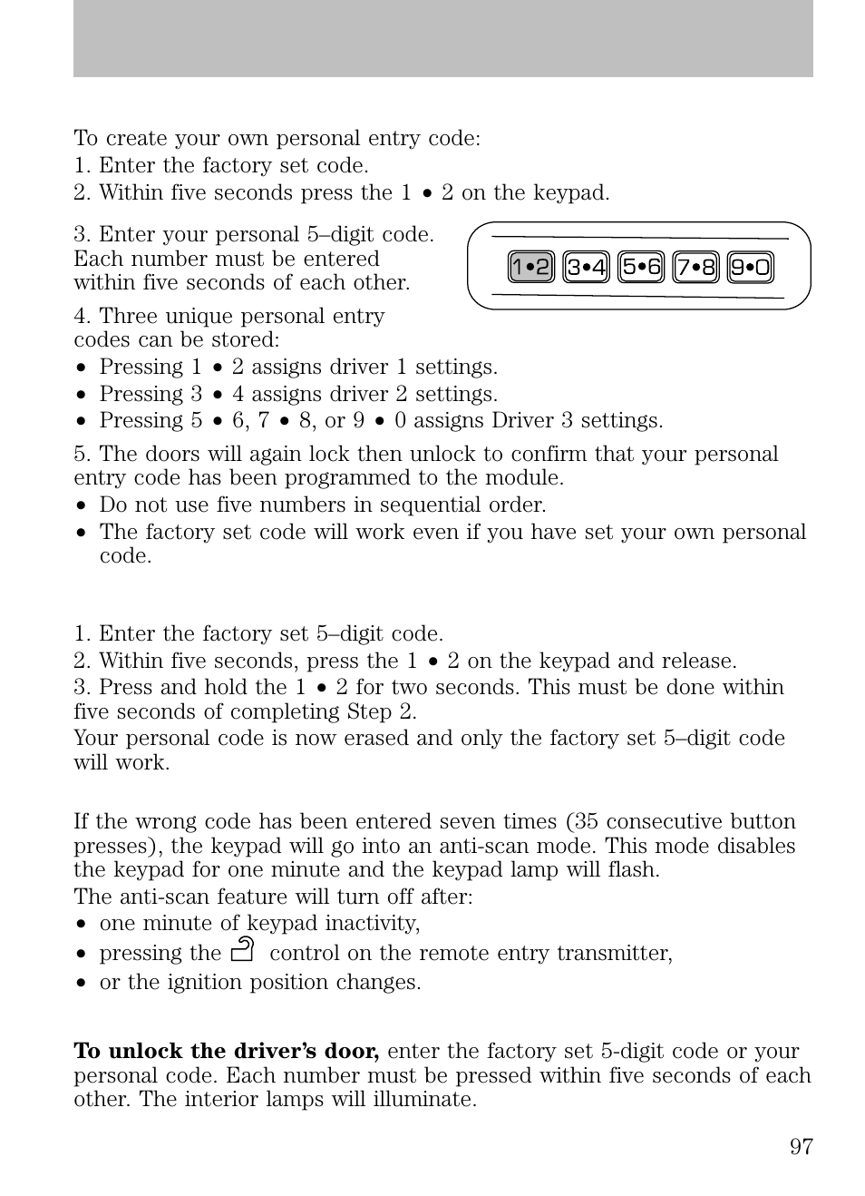 Programming your own personal entry code, Erasing personal code, Anti-scan feature | Locks and security | FORD 2009 Escape v.1 User Manual | Page 97 / 318