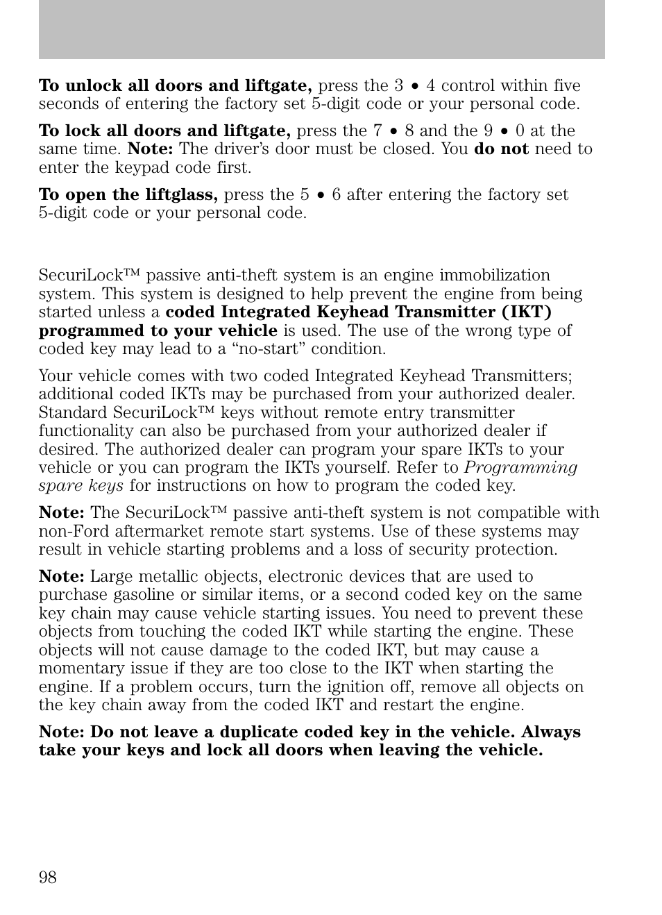 Securilock™ passive anti-theft system, Locks and security | FORD 2009 Escape v.1 User Manual | Page 98 / 318