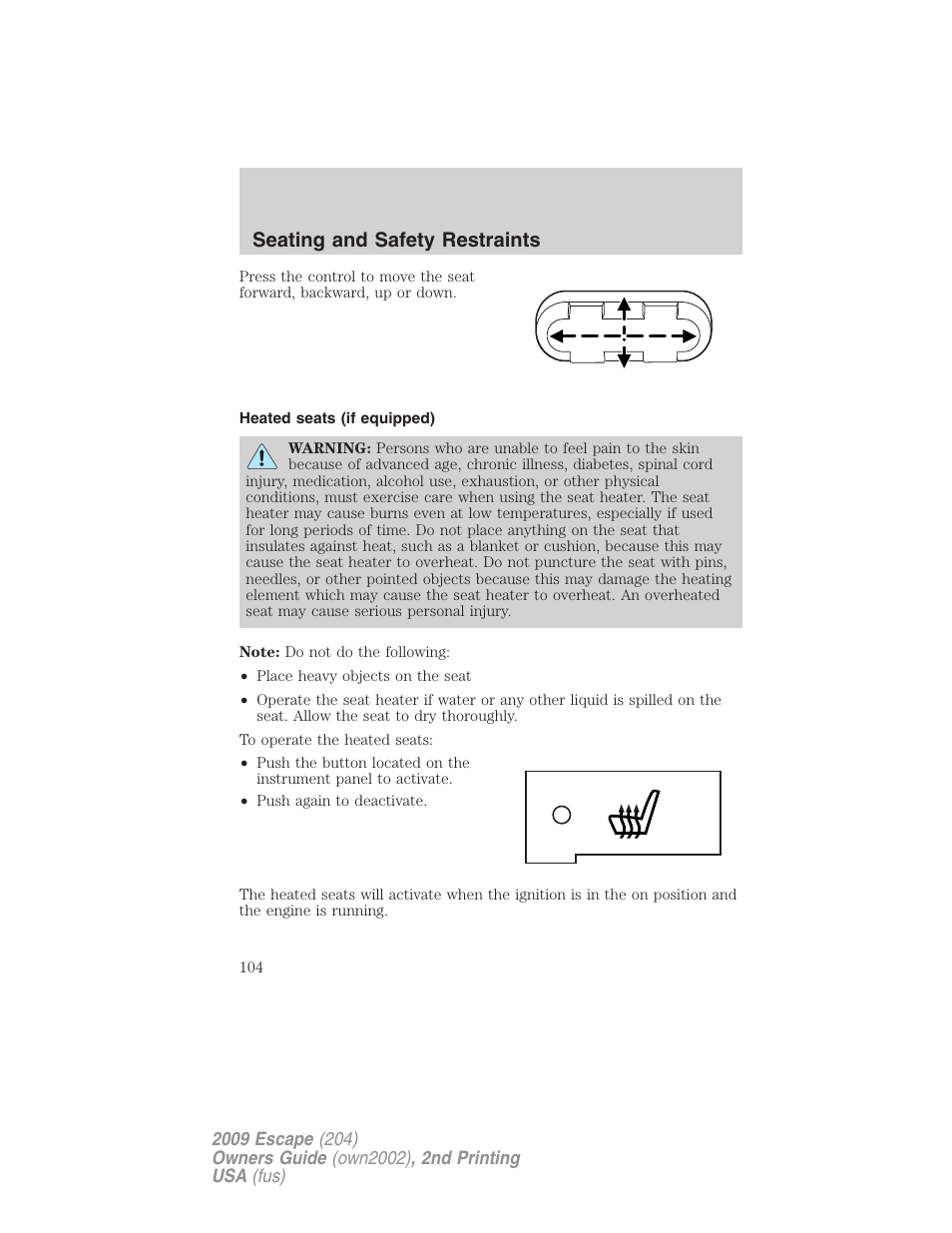 Heated seats (if equipped), Seating and safety restraints | FORD 2009 Escape v.2 User Manual | Page 104 / 310