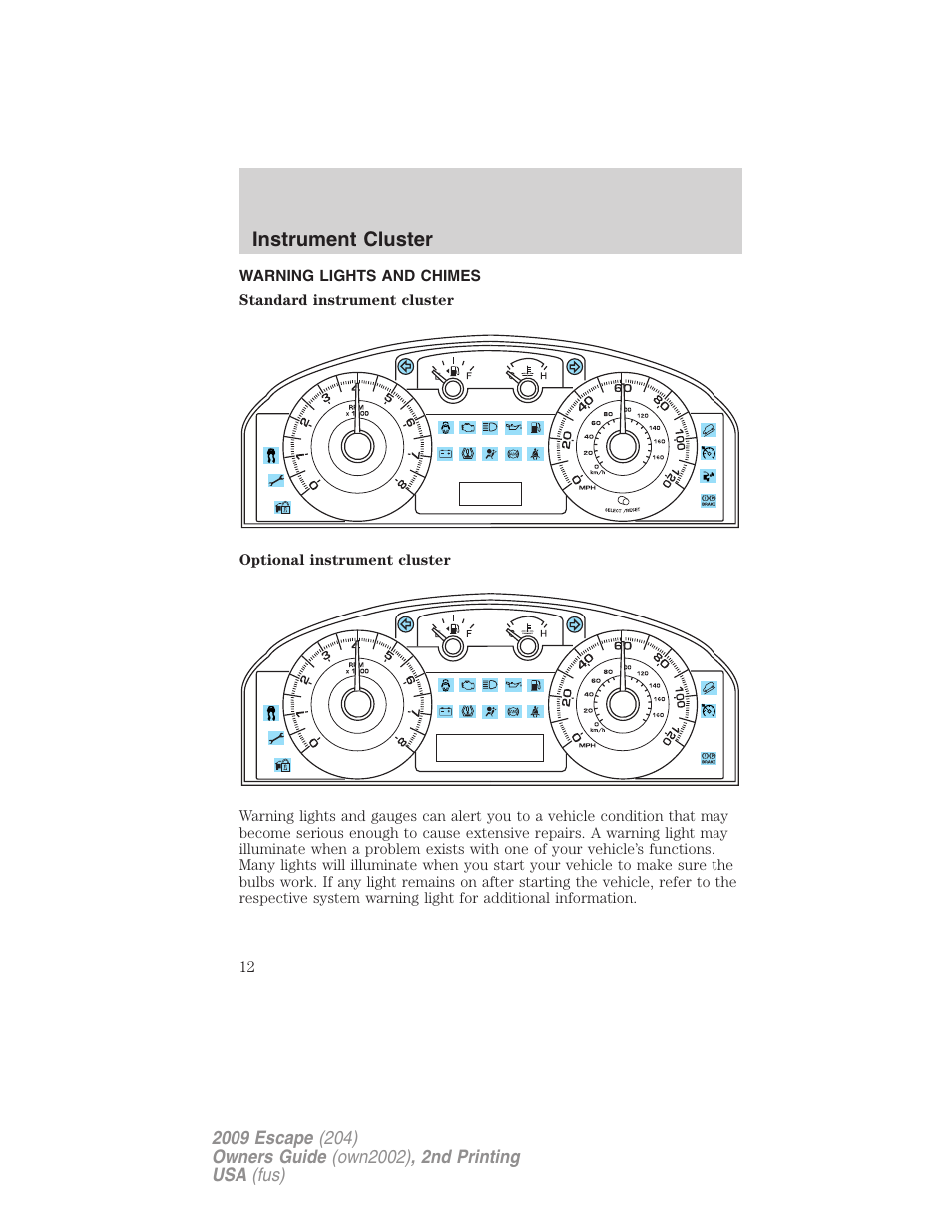 Instrument cluster, Warning lights and chimes | FORD 2009 Escape v.2 User Manual | Page 12 / 310