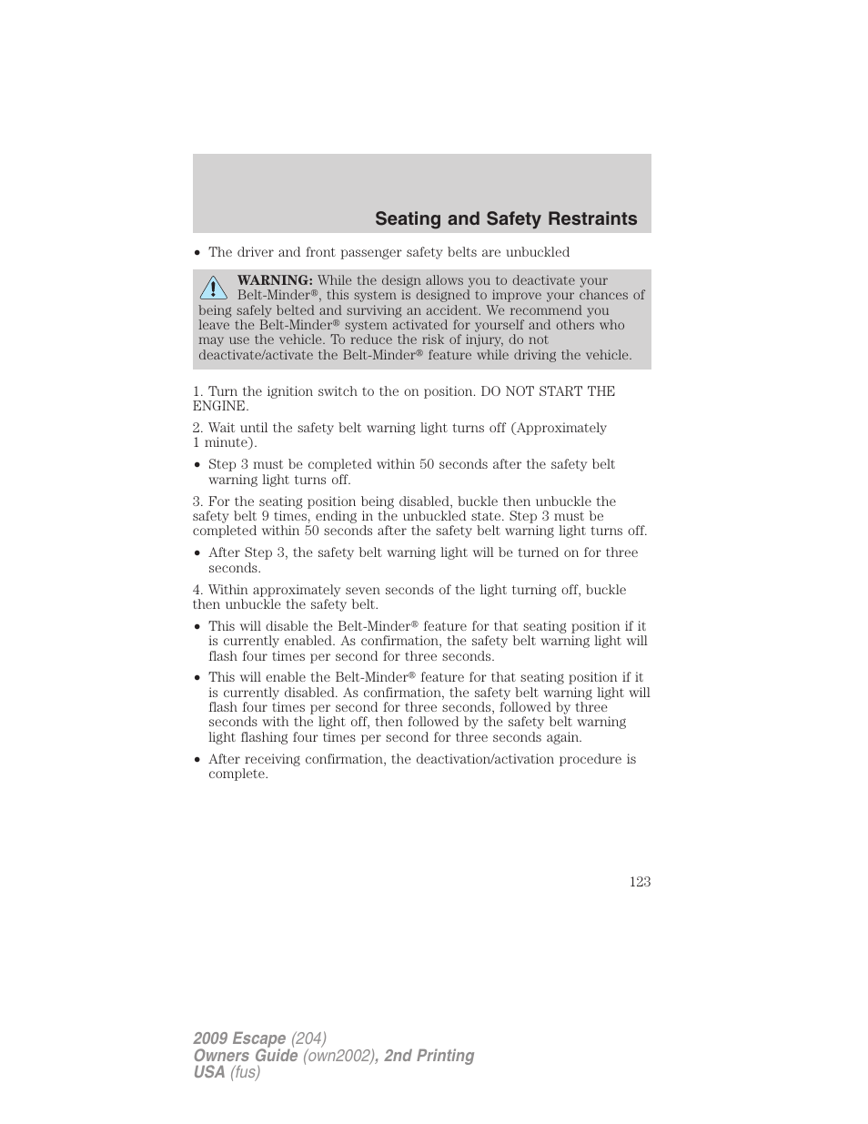 Seating and safety restraints | FORD 2009 Escape v.2 User Manual | Page 123 / 310