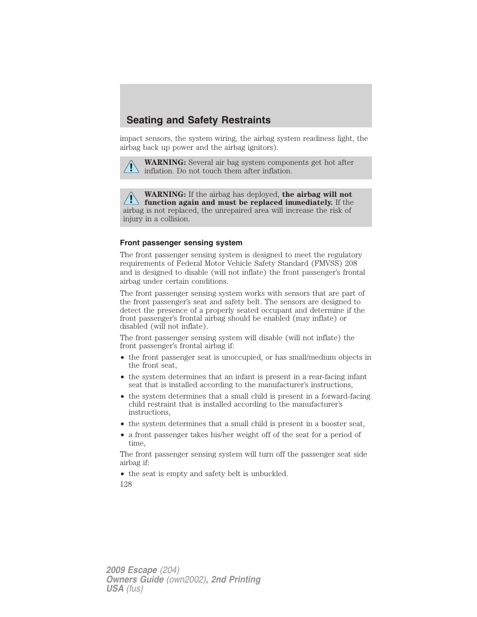 Front passenger sensing system, Seating and safety restraints | FORD 2009 Escape v.2 User Manual | Page 128 / 310