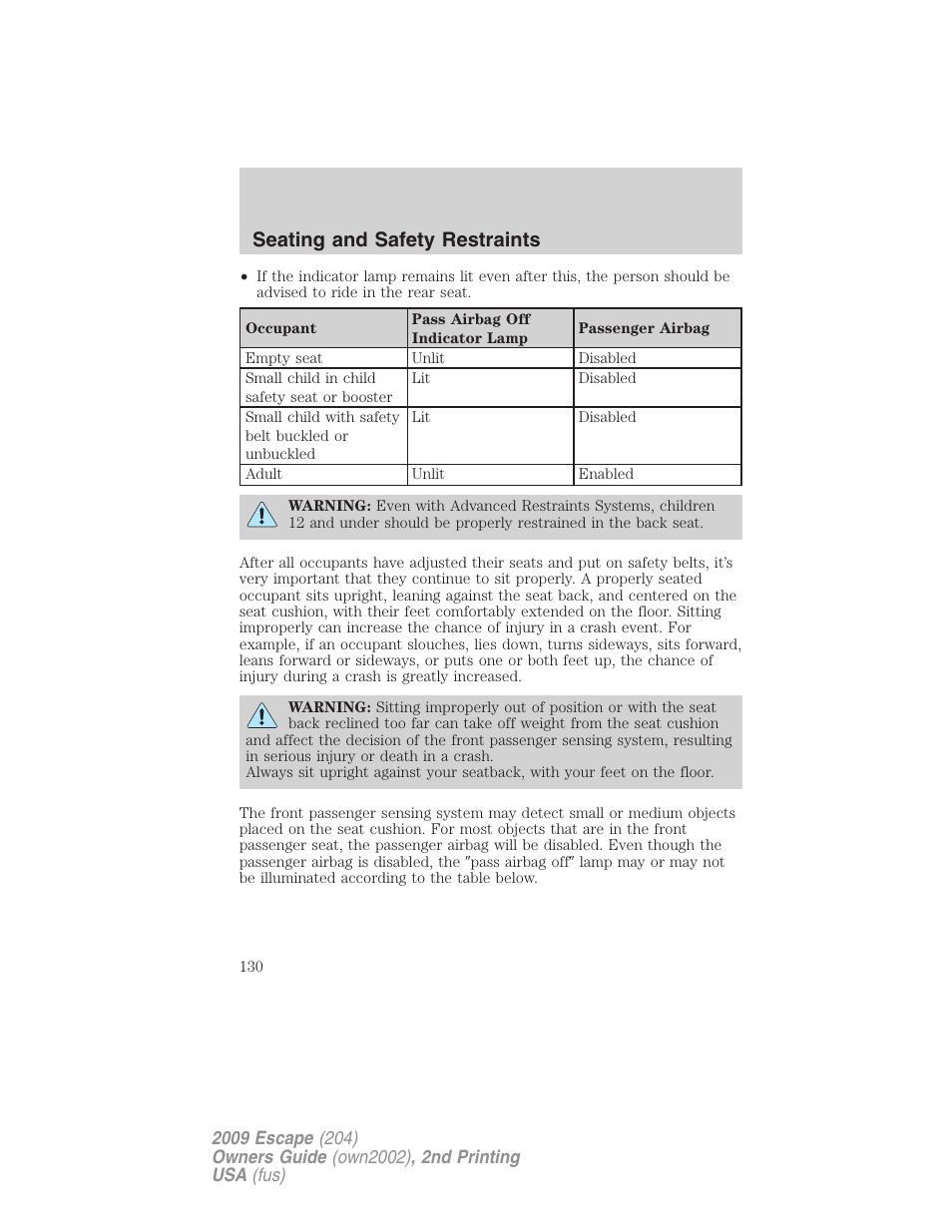 Seating and safety restraints | FORD 2009 Escape v.2 User Manual | Page 130 / 310