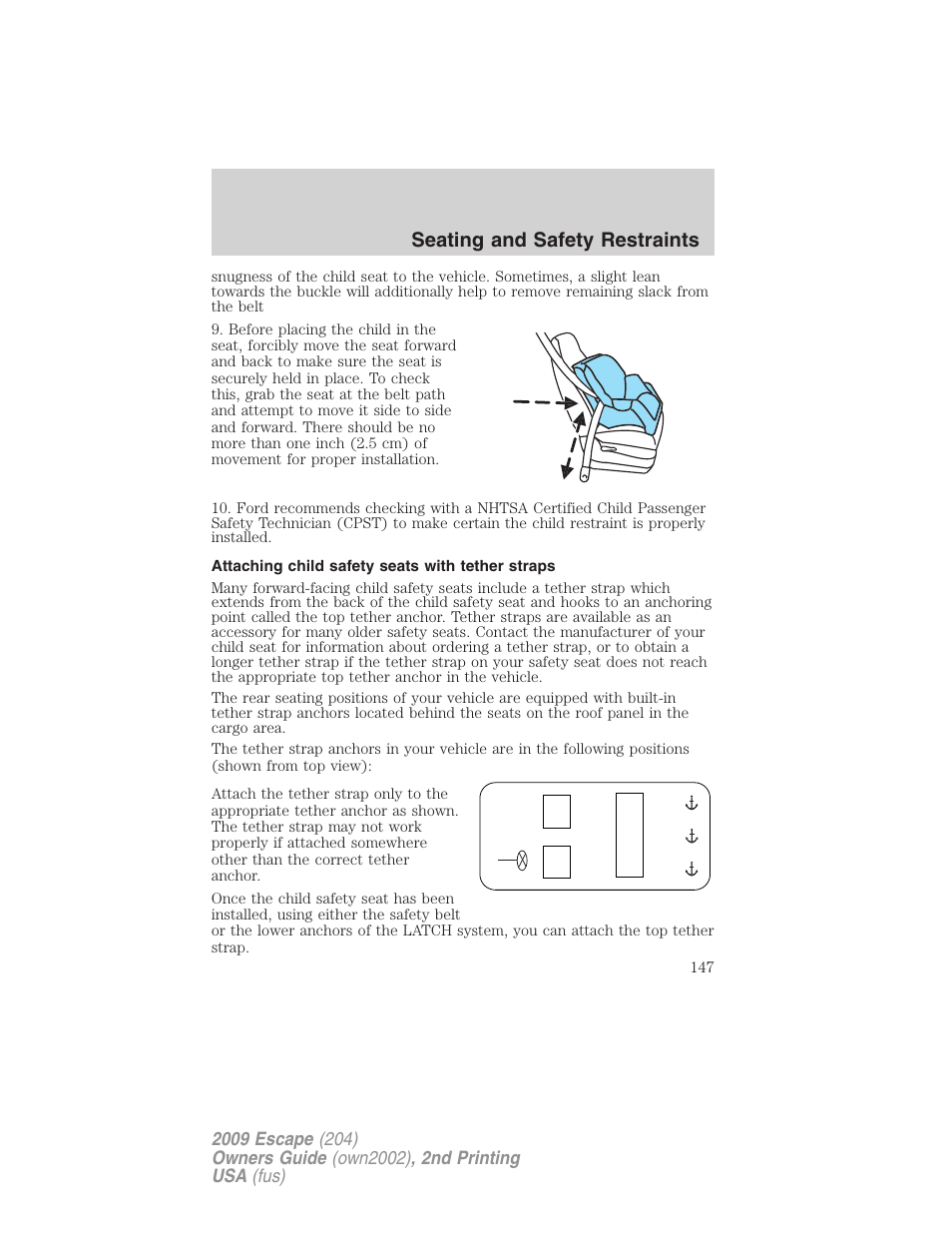 Attaching child safety seats with tether straps, Seating and safety restraints | FORD 2009 Escape v.2 User Manual | Page 147 / 310