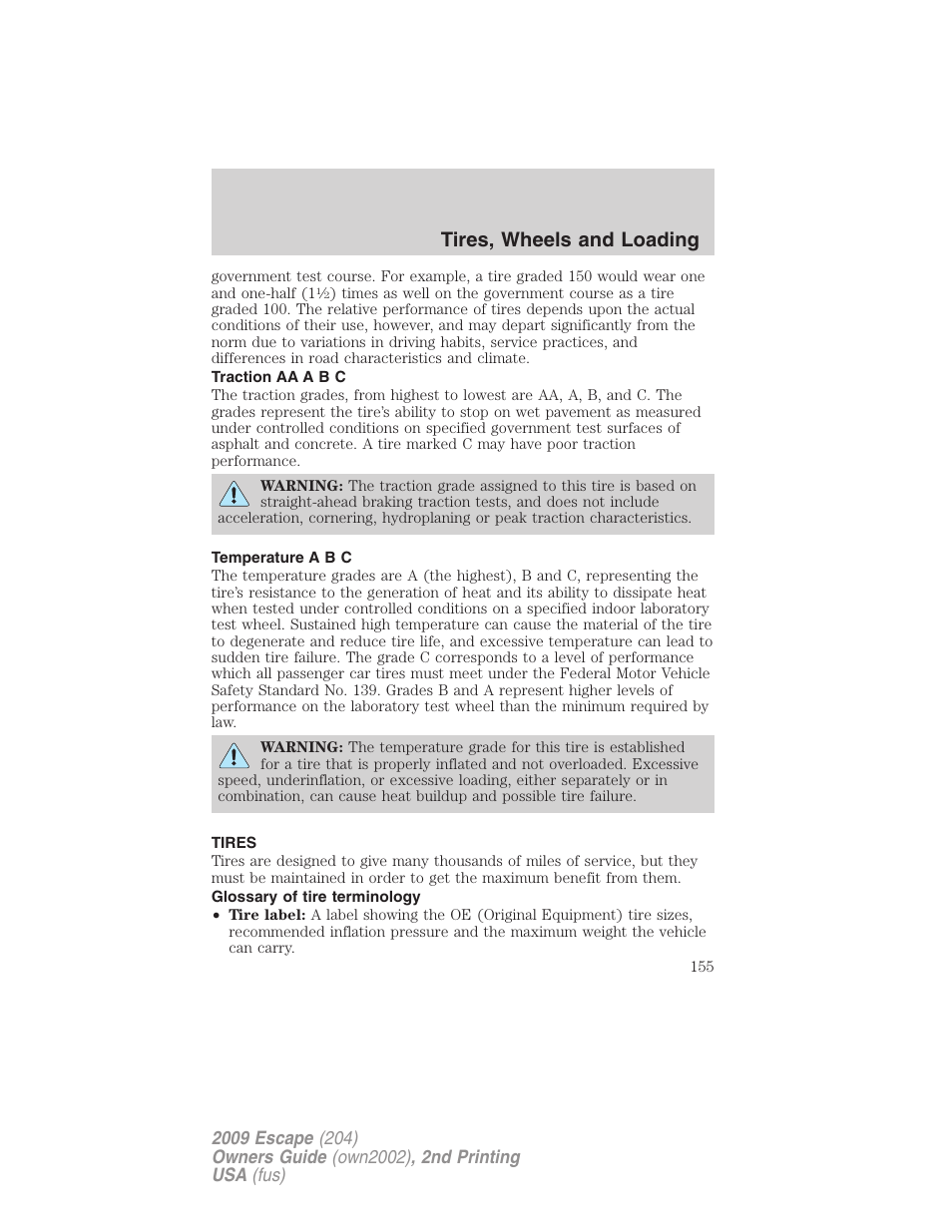 Traction aa a b c, Temperature a b c, Tires | Glossary of tire terminology, Tires, wheels and loading | FORD 2009 Escape v.2 User Manual | Page 155 / 310