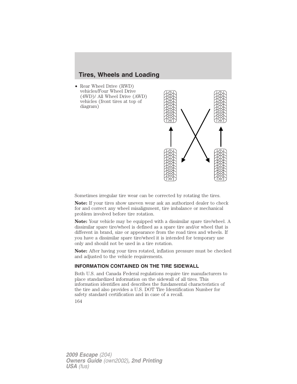 Information contained on the tire sidewall, Tires, wheels and loading | FORD 2009 Escape v.2 User Manual | Page 164 / 310