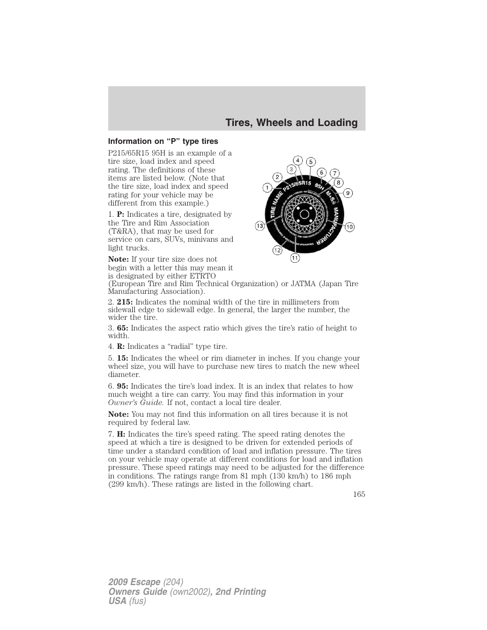 Information on “p” type tires, Tires, wheels and loading | FORD 2009 Escape v.2 User Manual | Page 165 / 310