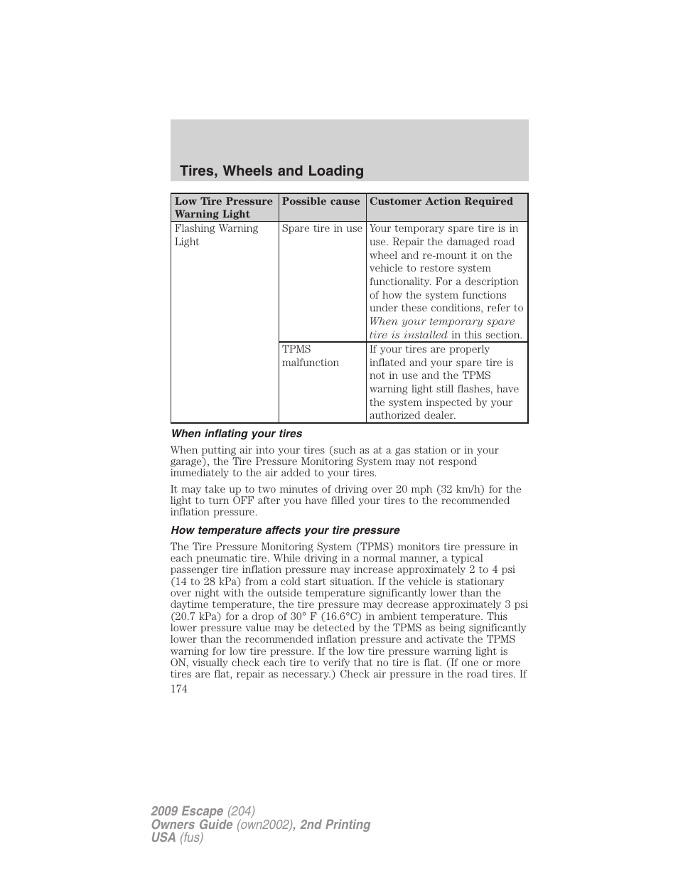When inflating your tires, How temperature affects your tire pressure, Tires, wheels and loading | FORD 2009 Escape v.2 User Manual | Page 174 / 310