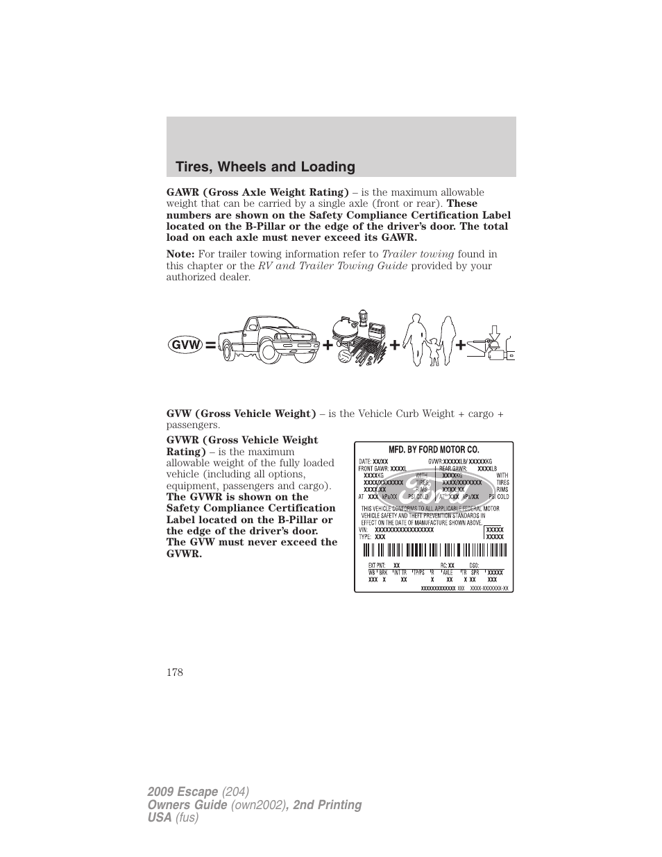 Tires, wheels and loading | FORD 2009 Escape v.2 User Manual | Page 178 / 310