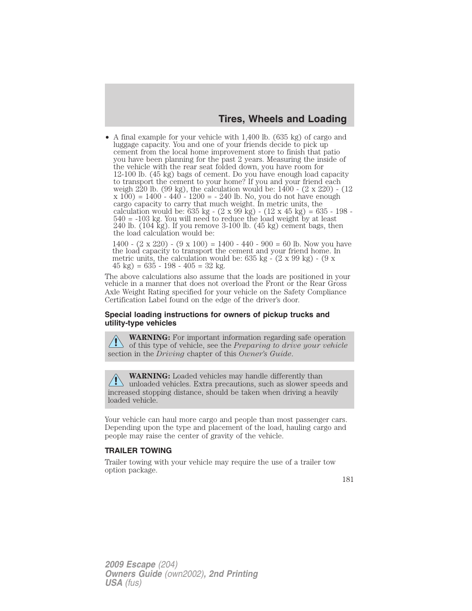 Trailer towing, Tires, wheels and loading | FORD 2009 Escape v.2 User Manual | Page 181 / 310