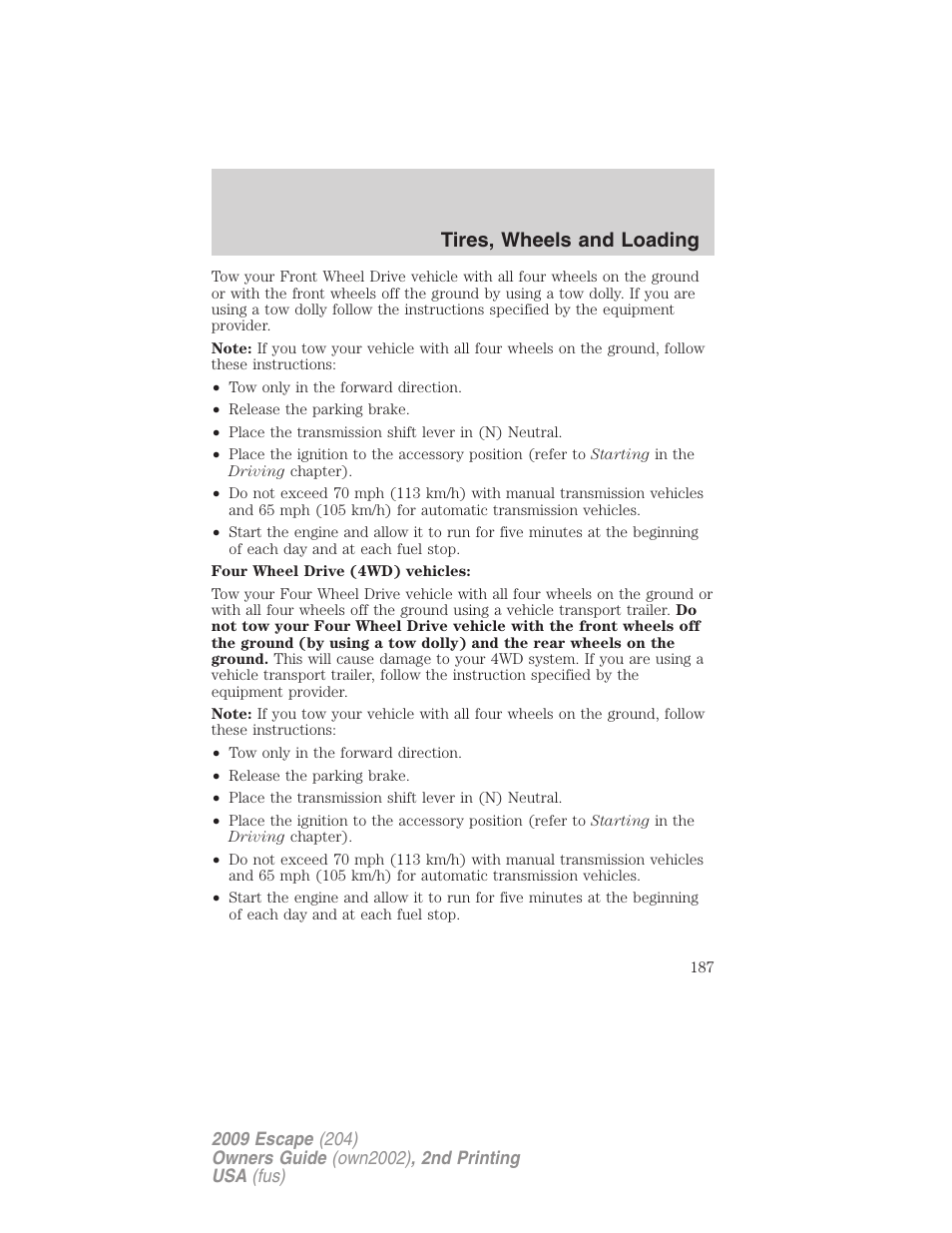 Tires, wheels and loading | FORD 2009 Escape v.2 User Manual | Page 187 / 310