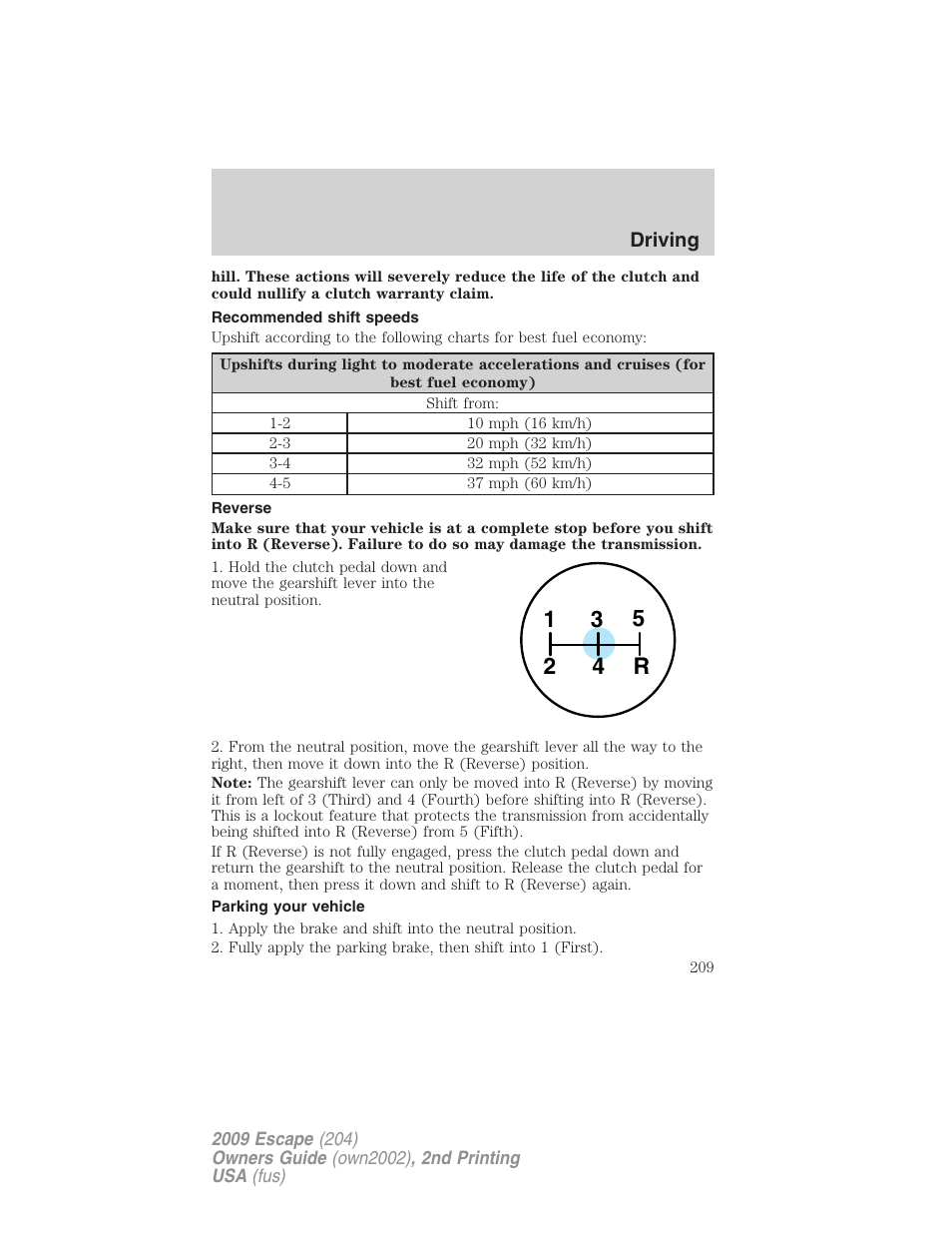 Recommended shift speeds, Reverse, Parking your vehicle | FORD 2009 Escape v.2 User Manual | Page 209 / 310