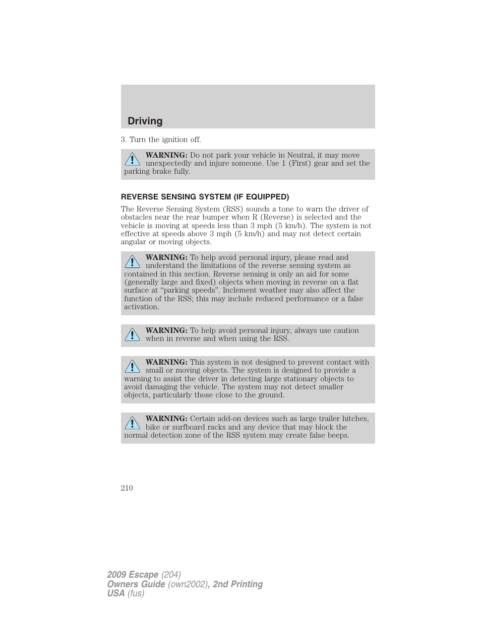 Reverse sensing system (if equipped), Reverse sensing system, Driving | FORD 2009 Escape v.2 User Manual | Page 210 / 310