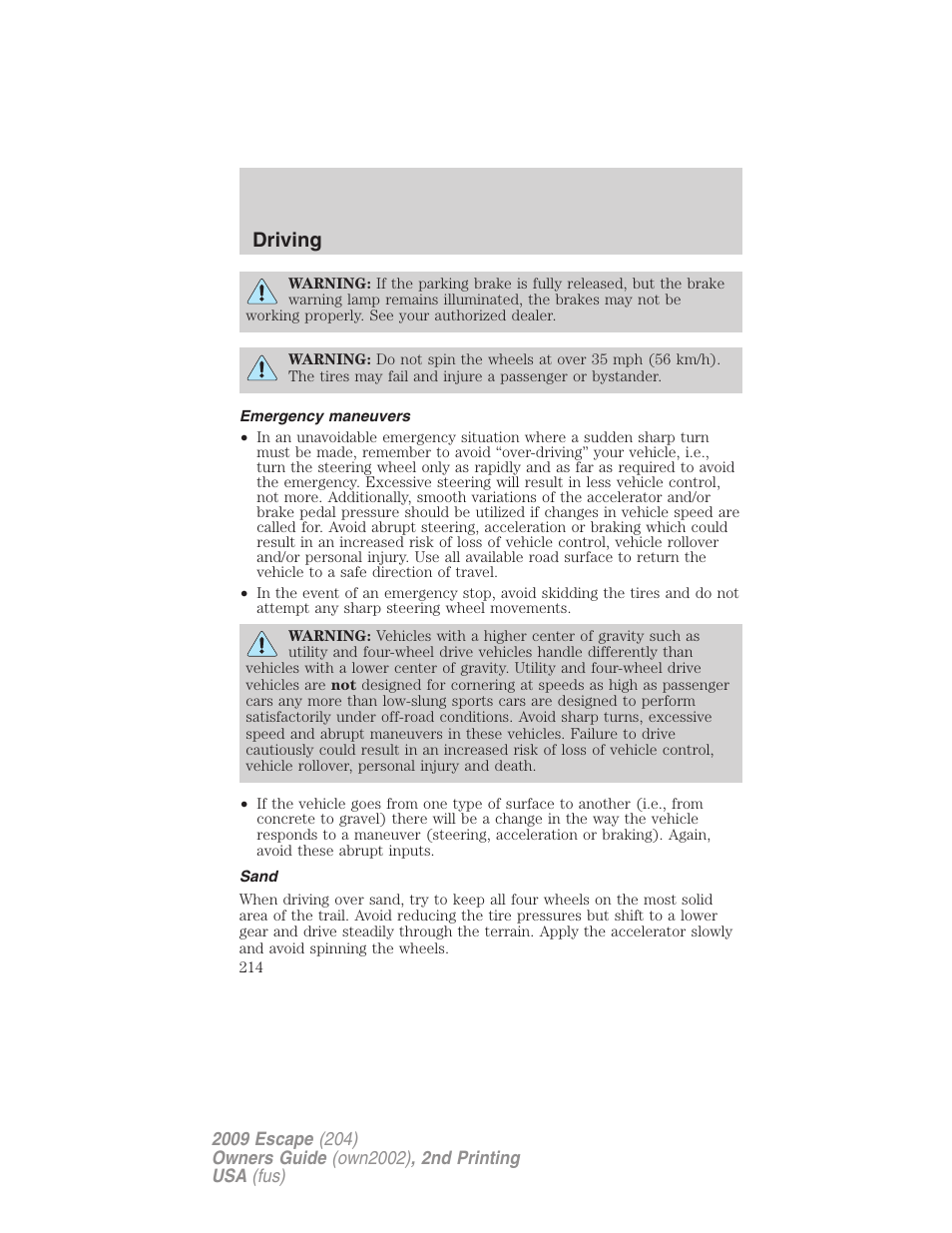 Emergency maneuvers, Sand, Driving | FORD 2009 Escape v.2 User Manual | Page 214 / 310