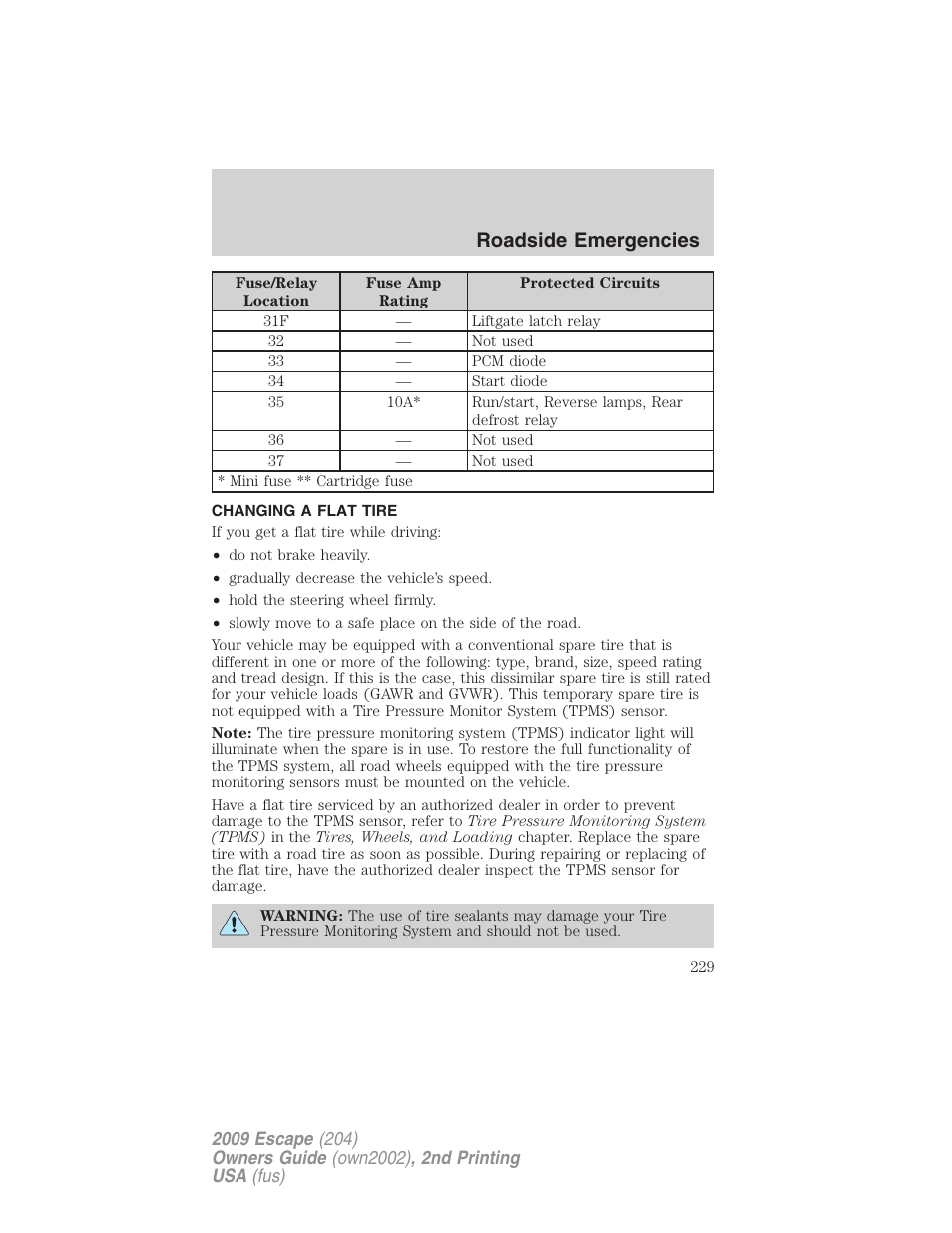 Changing a flat tire, Changing tires, Roadside emergencies | FORD 2009 Escape v.2 User Manual | Page 229 / 310