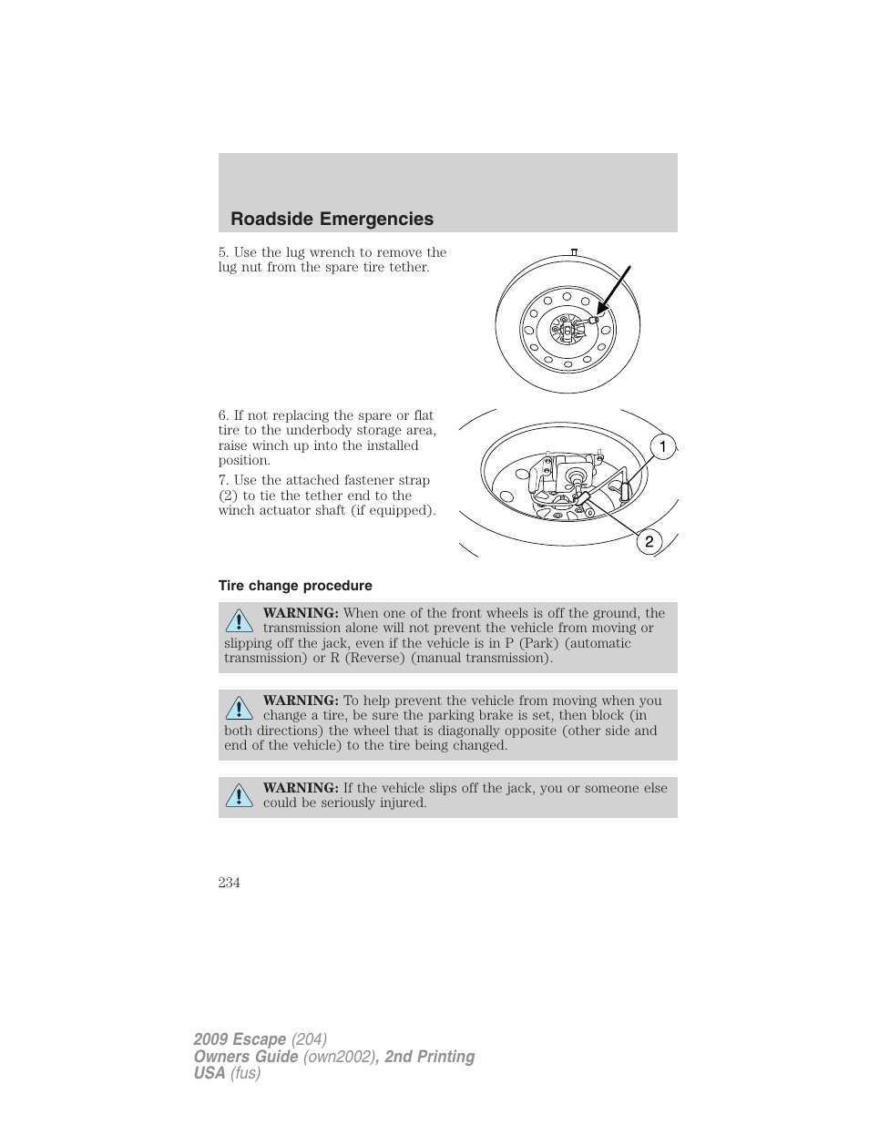 Tire change procedure, Roadside emergencies | FORD 2009 Escape v.2 User Manual | Page 234 / 310