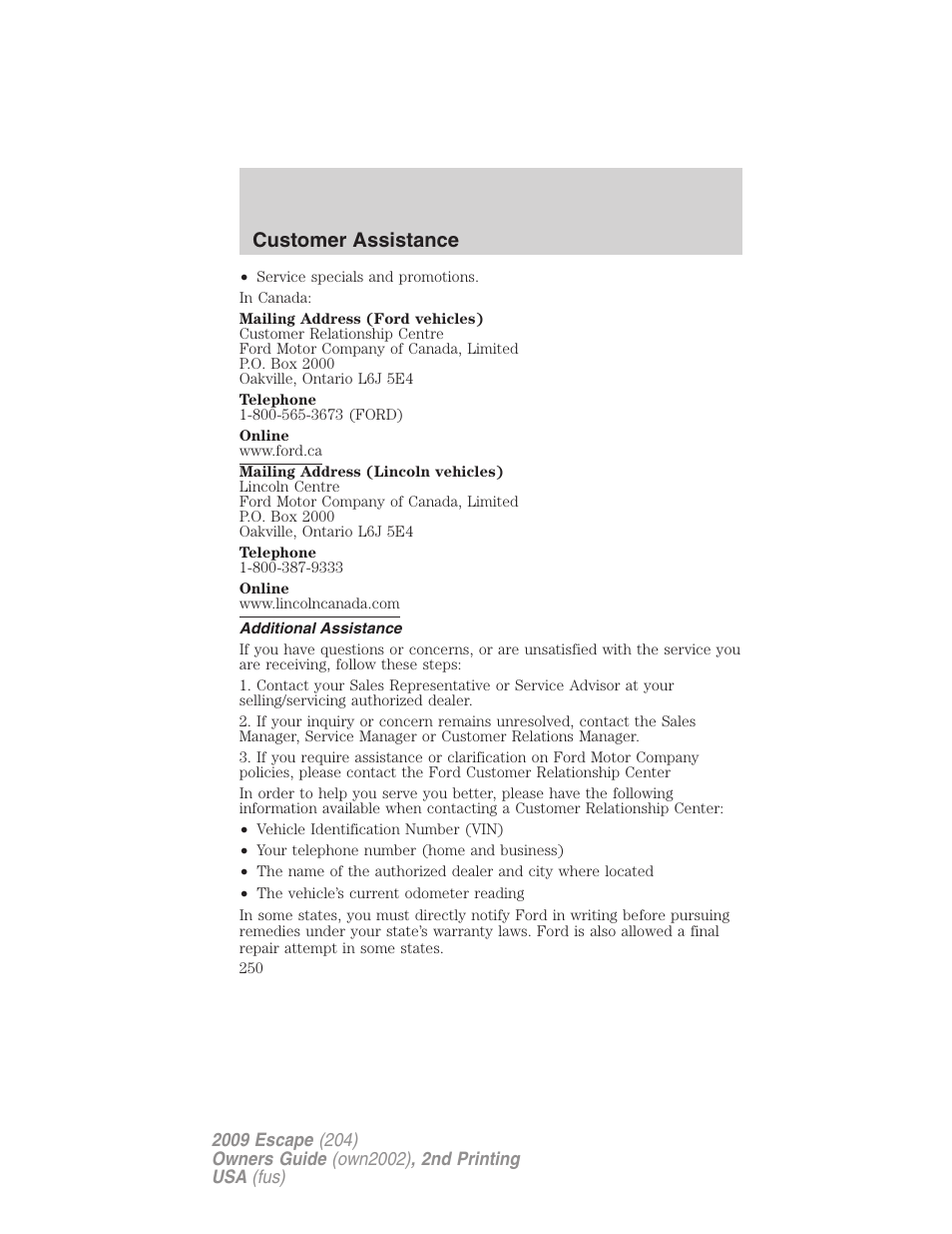 Additional assistance, Customer assistance | FORD 2009 Escape v.2 User Manual | Page 250 / 310