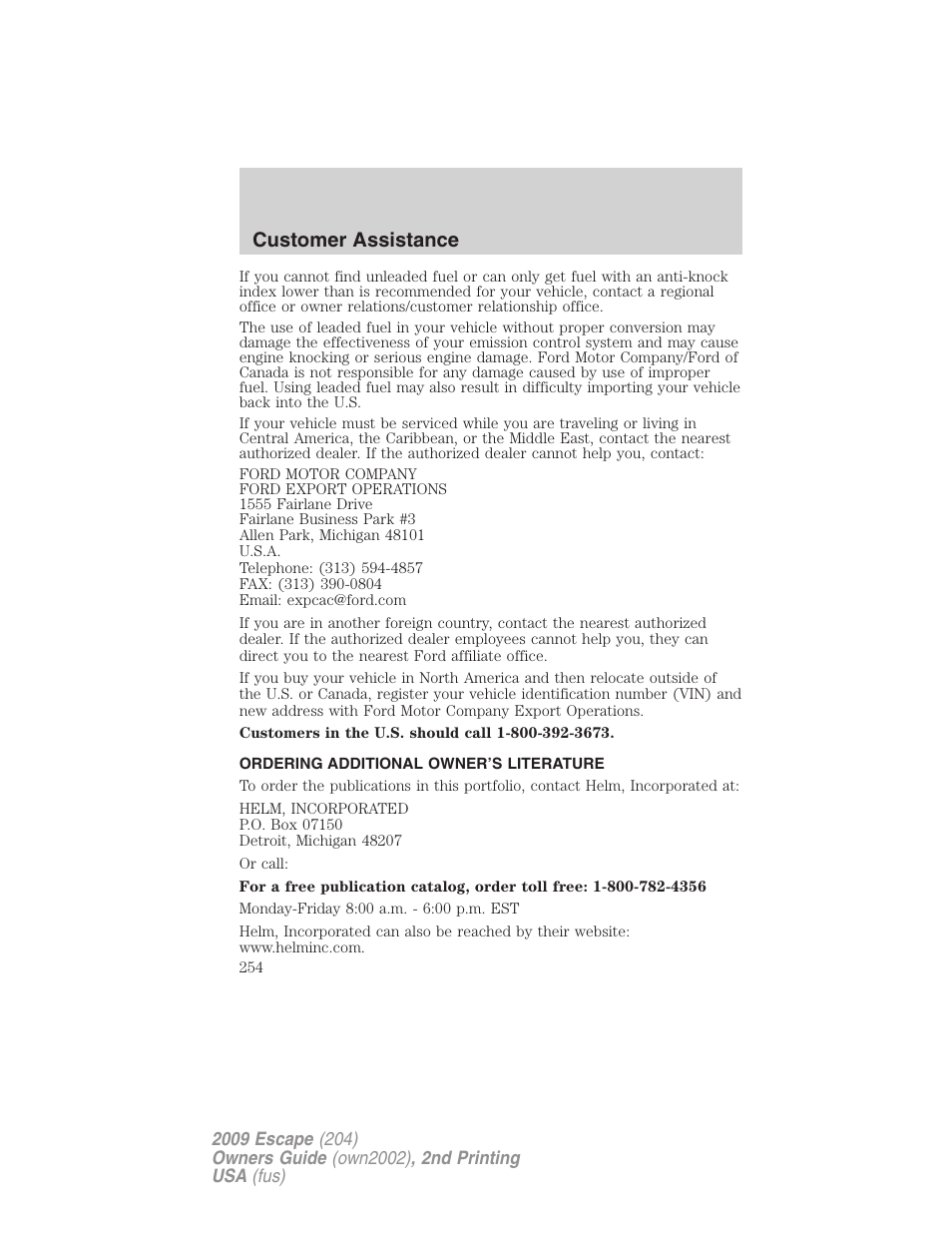 Ordering additional owner’s literature, Customer assistance | FORD 2009 Escape v.2 User Manual | Page 254 / 310