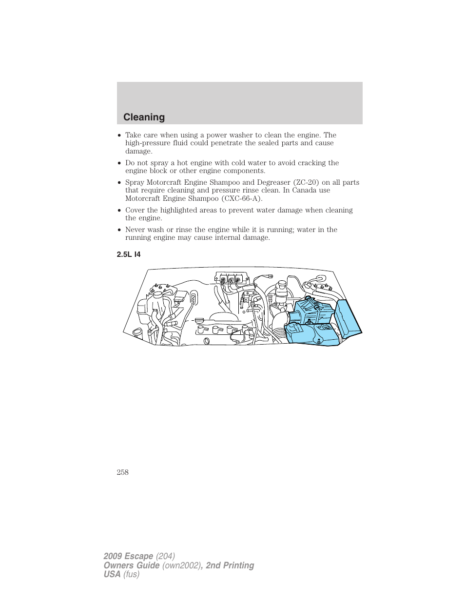 5l i4, Cleaning | FORD 2009 Escape v.2 User Manual | Page 258 / 310