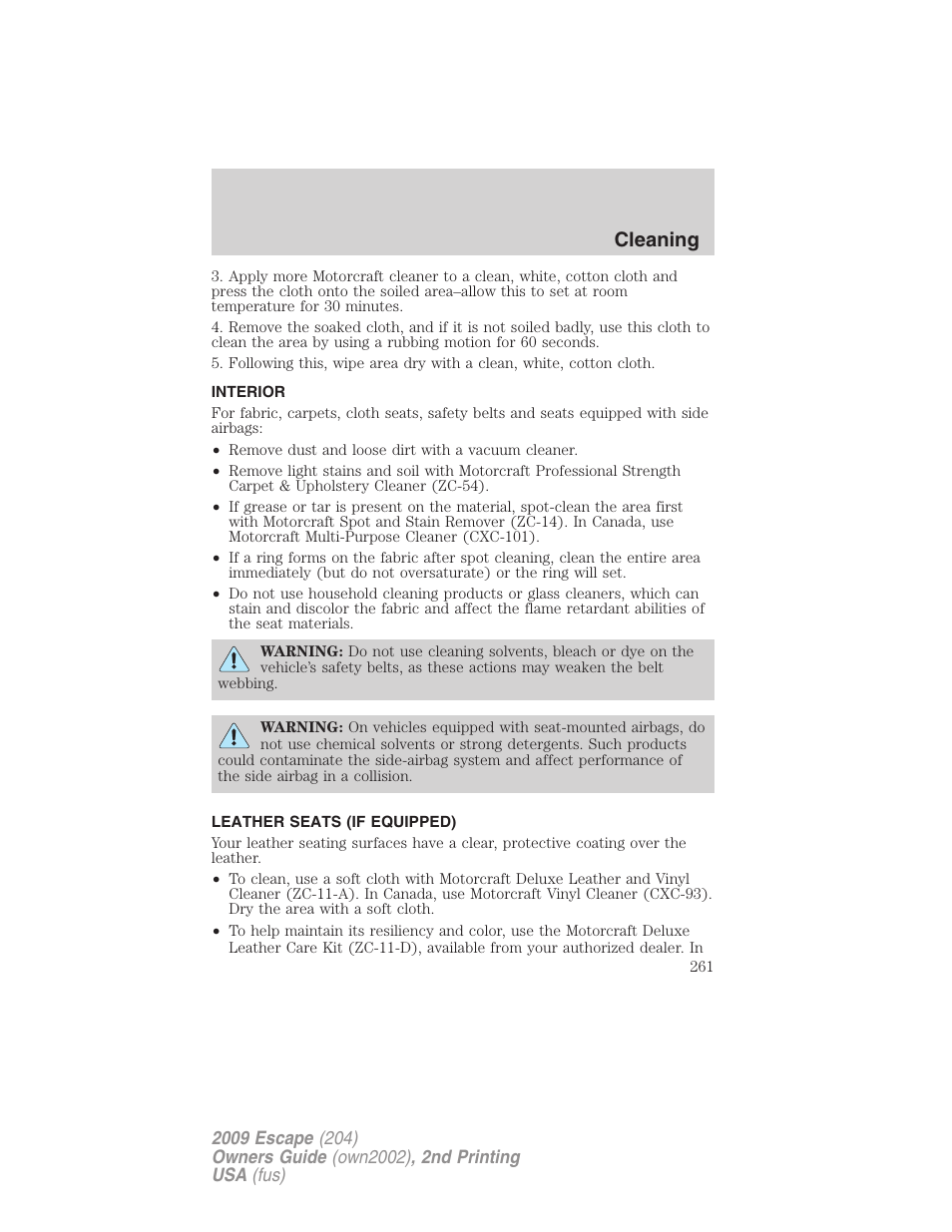 Interior, Leather seats (if equipped), Cleaning | FORD 2009 Escape v.2 User Manual | Page 261 / 310