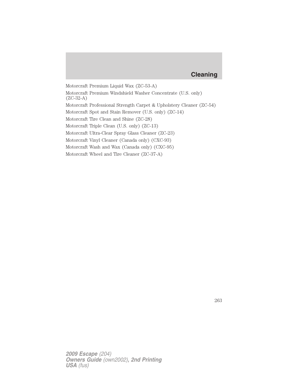 Cleaning | FORD 2009 Escape v.2 User Manual | Page 263 / 310