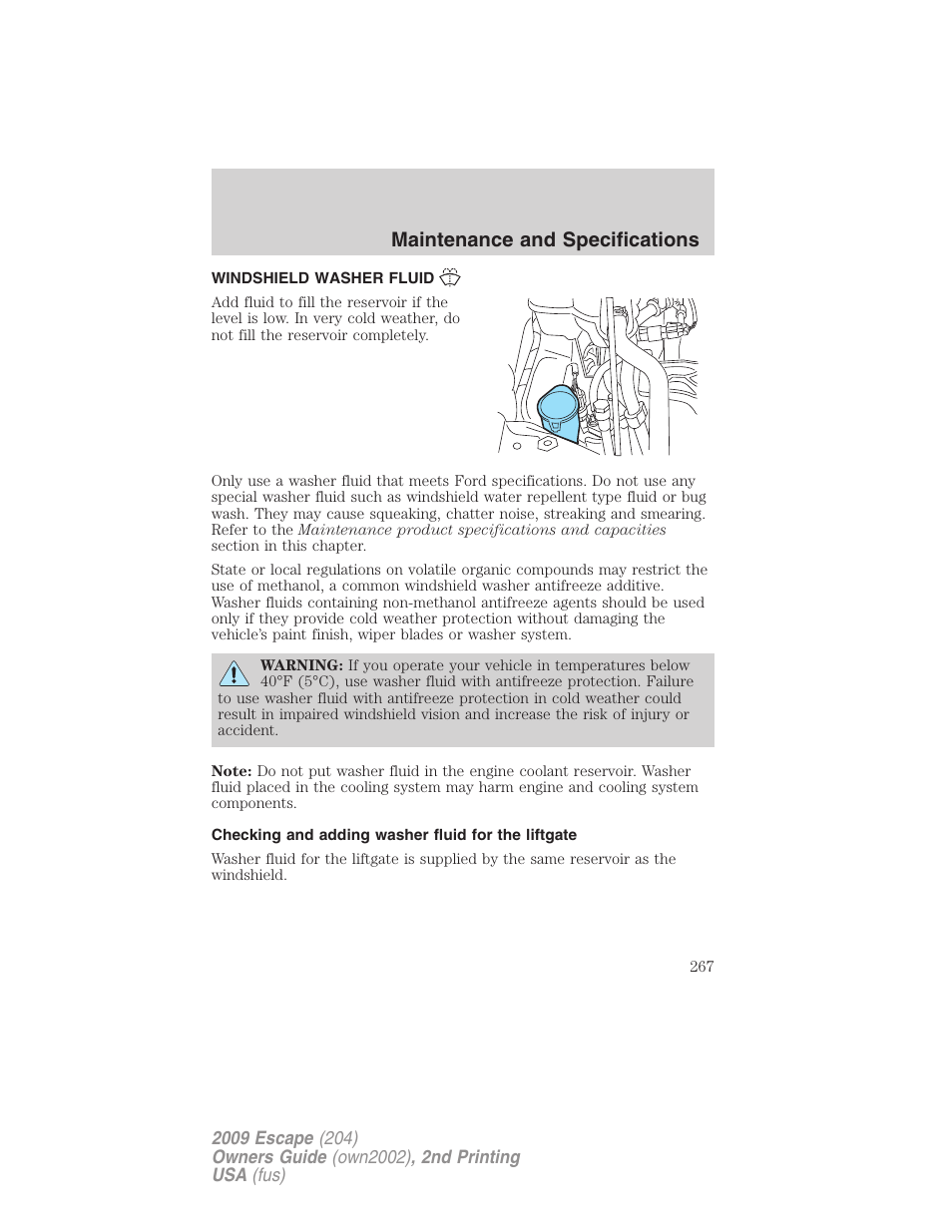 Windshield washer fluid, Checking and adding washer fluid for the liftgate, Maintenance and specifications | FORD 2009 Escape v.2 User Manual | Page 267 / 310