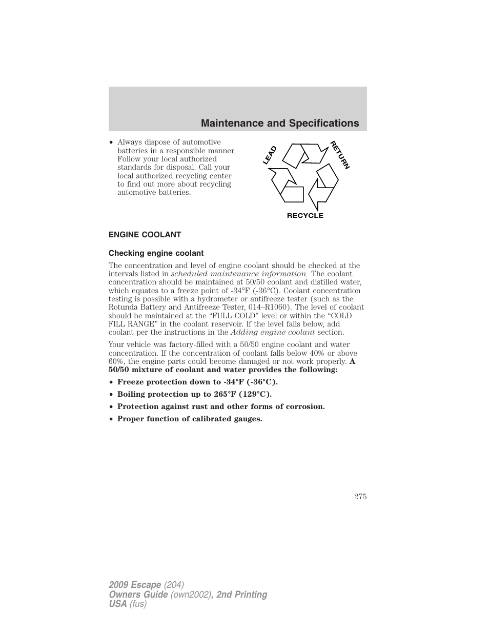 Engine coolant, Checking engine coolant, Maintenance and specifications | FORD 2009 Escape v.2 User Manual | Page 275 / 310