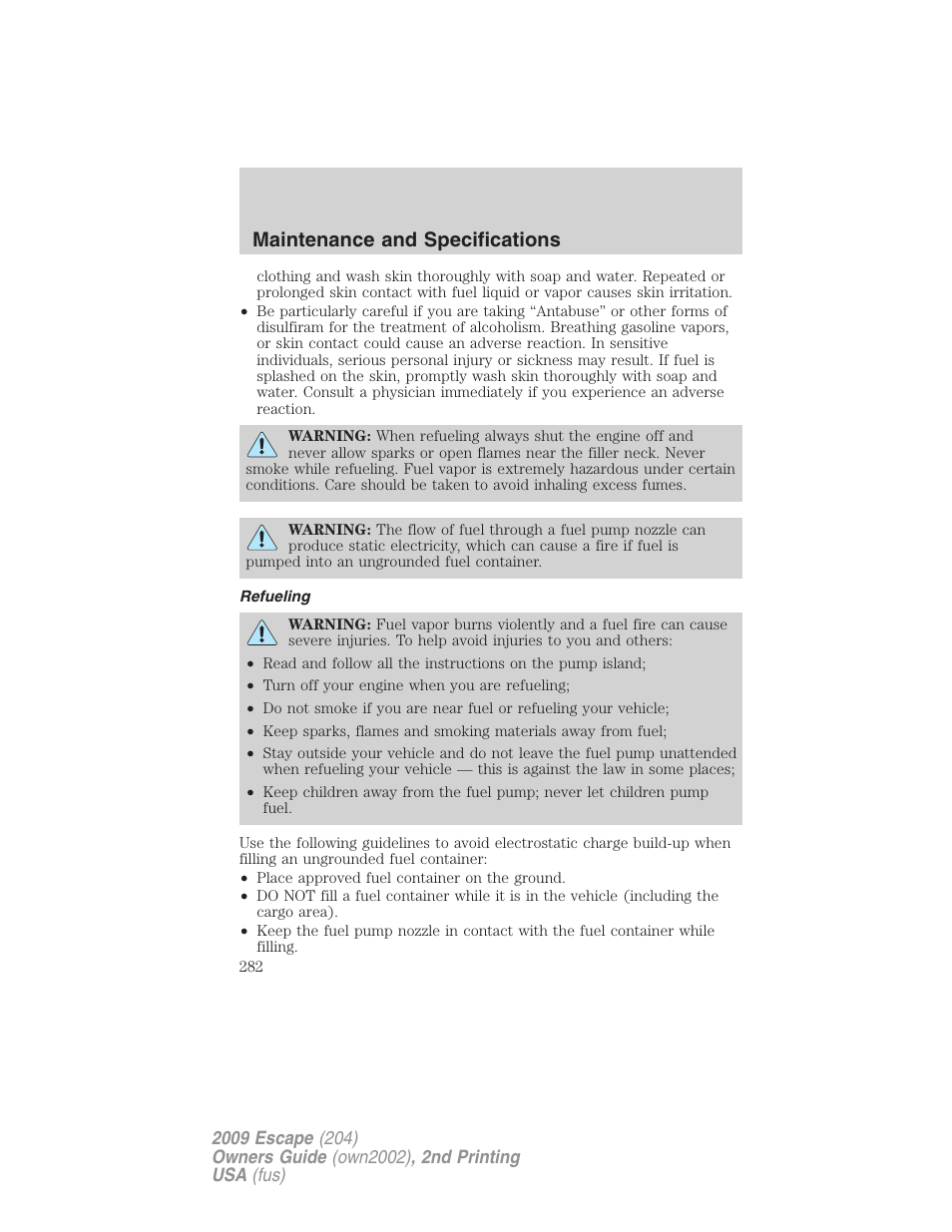 Refueling, Maintenance and specifications | FORD 2009 Escape v.2 User Manual | Page 282 / 310