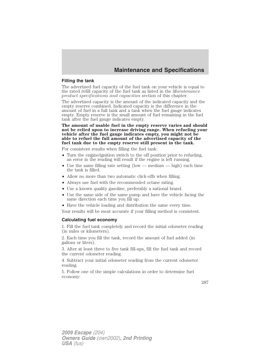 Filling the tank, Calculating fuel economy, Maintenance and specifications | FORD 2009 Escape v.2 User Manual | Page 287 / 310